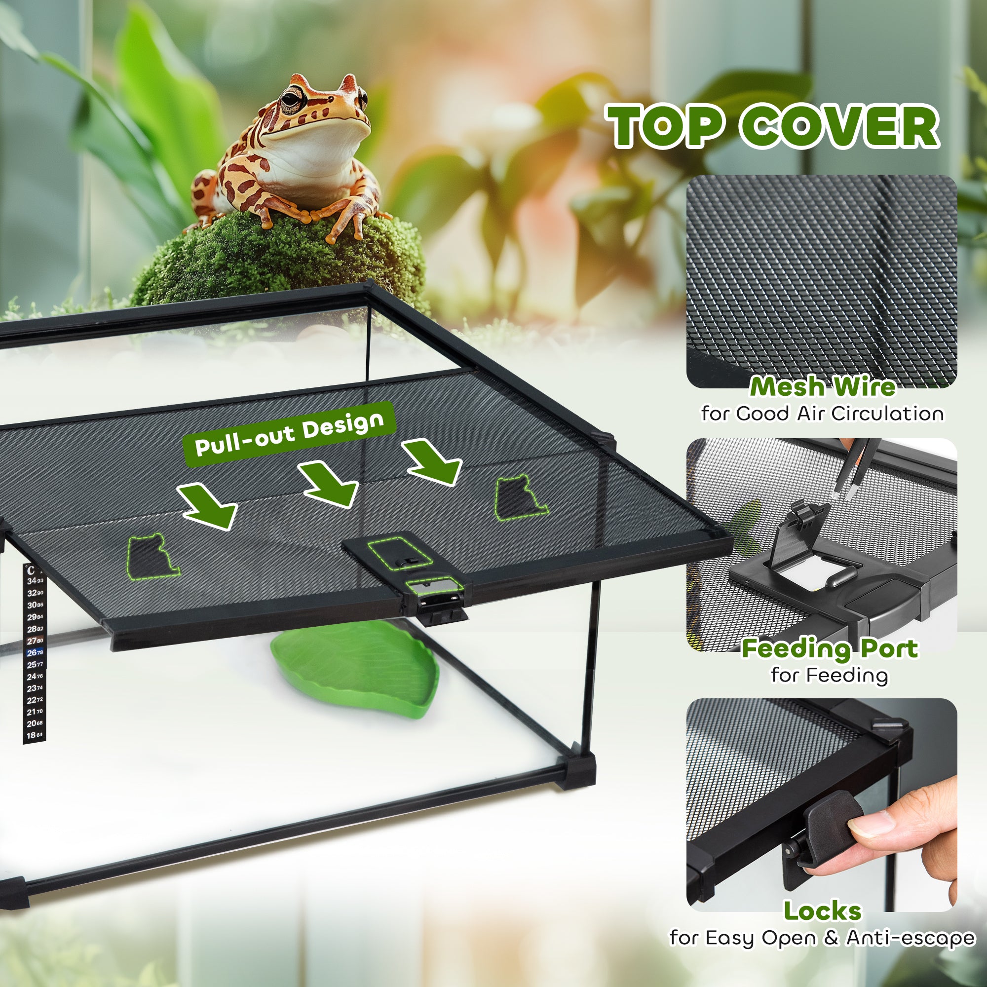 PawHut Glass Reptile Terrarium Insect Breeding Tank Vivarium Habitats with Thermometer for Lizards, Horned Frogs, Snakes, Spiders - Medium 50 x 30 x 25cm - North Peak Garden Furniture
