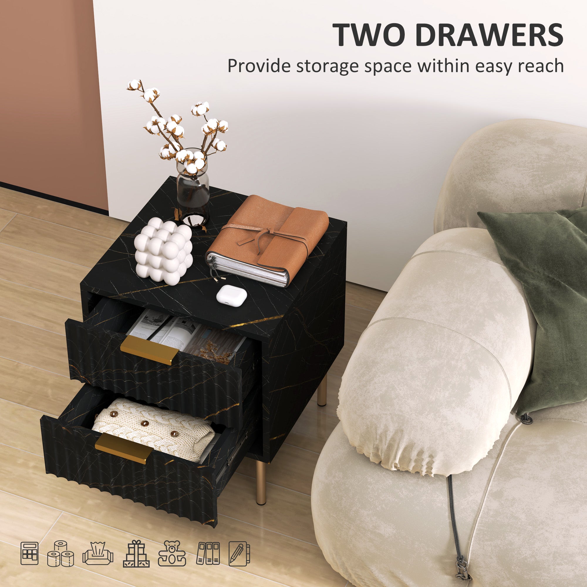 HOMCOM Elegant Two-Drawer Bedside Table - Black - North Peak Garden Furniture