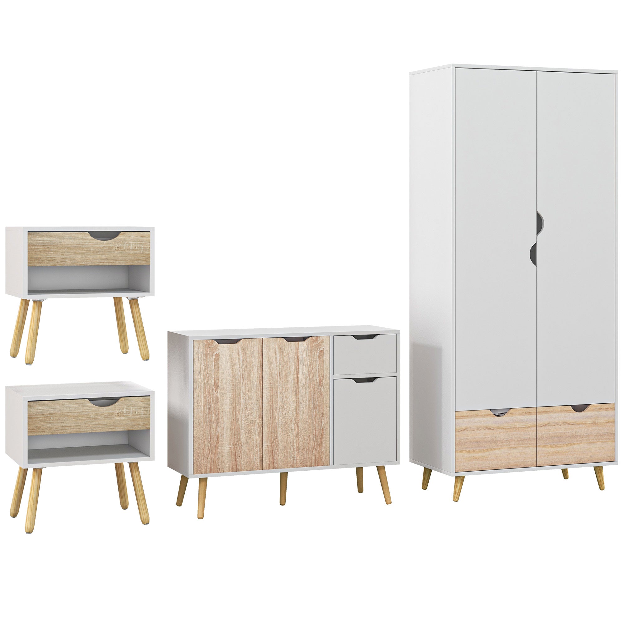 HOMCOM Bedroom Furniture Set, Wardrobe with Hanging Rod, Side Cabinet with wood legs , Bedside Table with Drawer, Nature Wood Finish and White