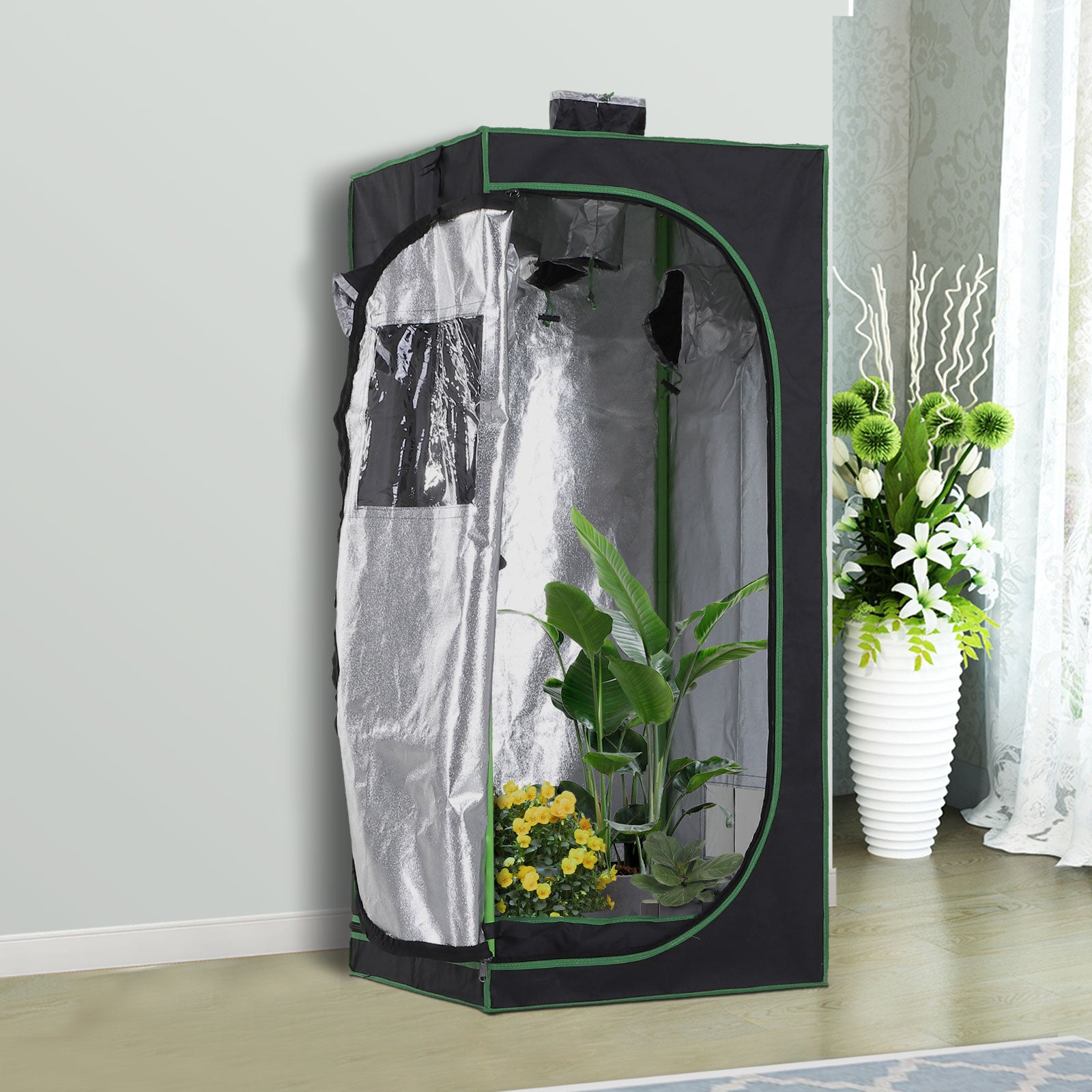 Outsunny Hydroponic Plant Grow Tent  W/ Window Tool Bag, 60L x 60W x 140Hcm-Black/Green