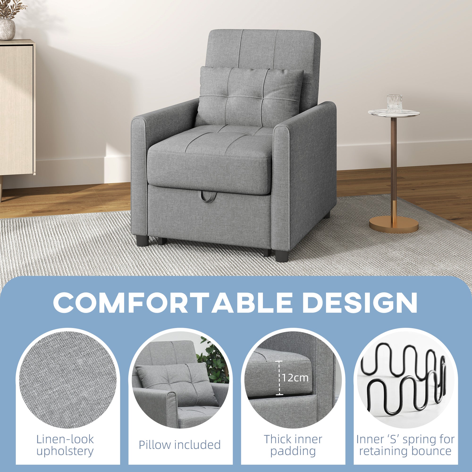 HOMCOM 3-In-1 Convertible Chair Bed, Pull Out Sleeper Chair with Adjustable Backrest, Side Pockets, Light Grey - North Peak Garden Furniture