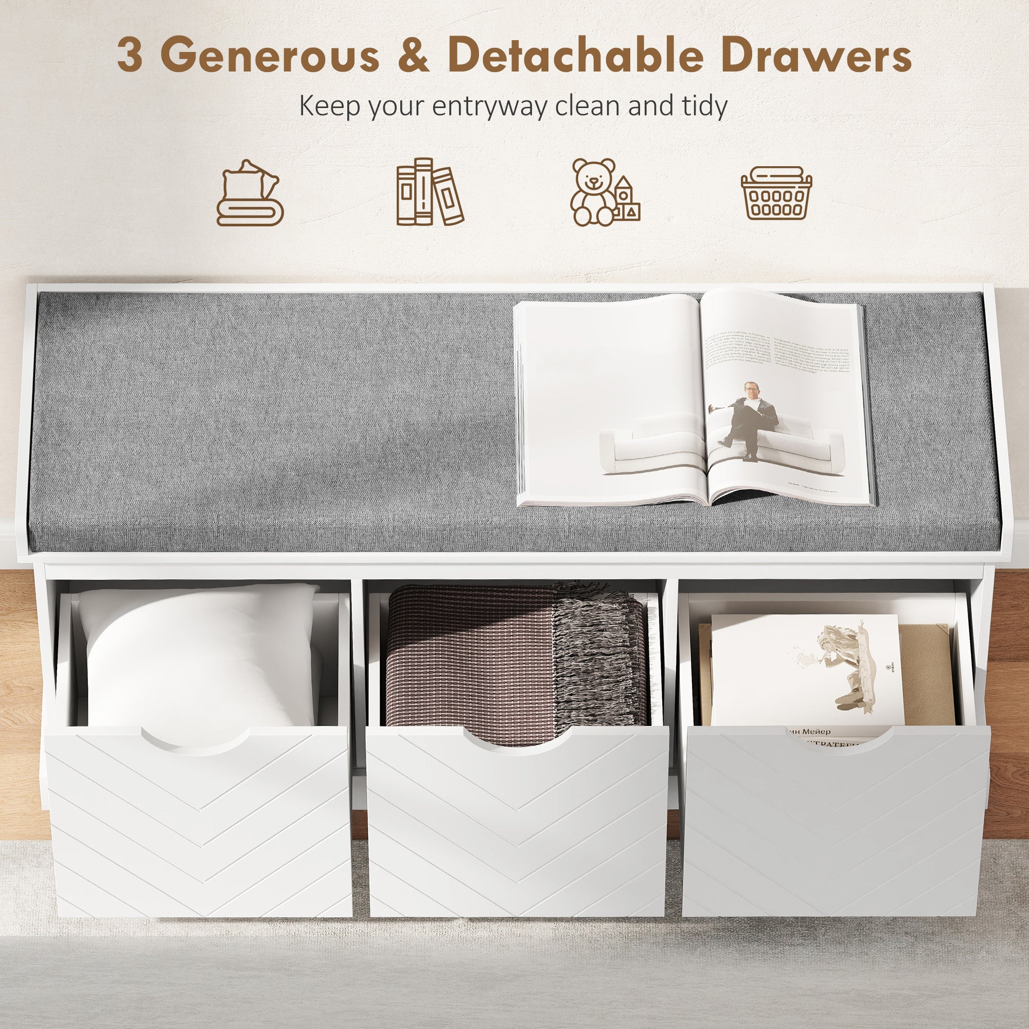 HOMCOM 3-Drawer Padded Shoe Bench with Breathable & Washable Linen-look Cover, White