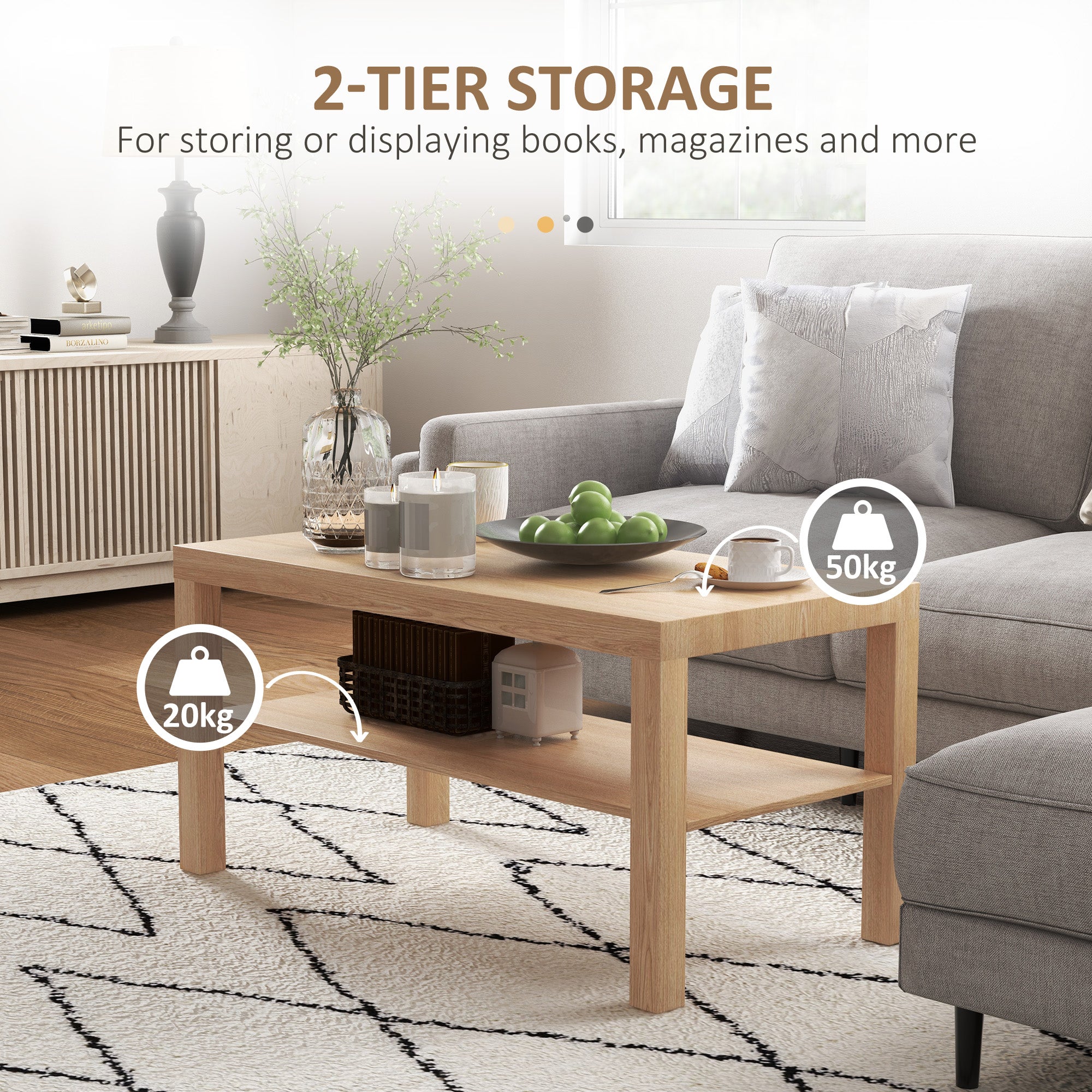 HOMCOM 2-Tier Coffee Table with Storage Shelf, Rectangular Centre Table for Living Room, Home Office, Natural Wood Finish - North Peak Garden Furniture