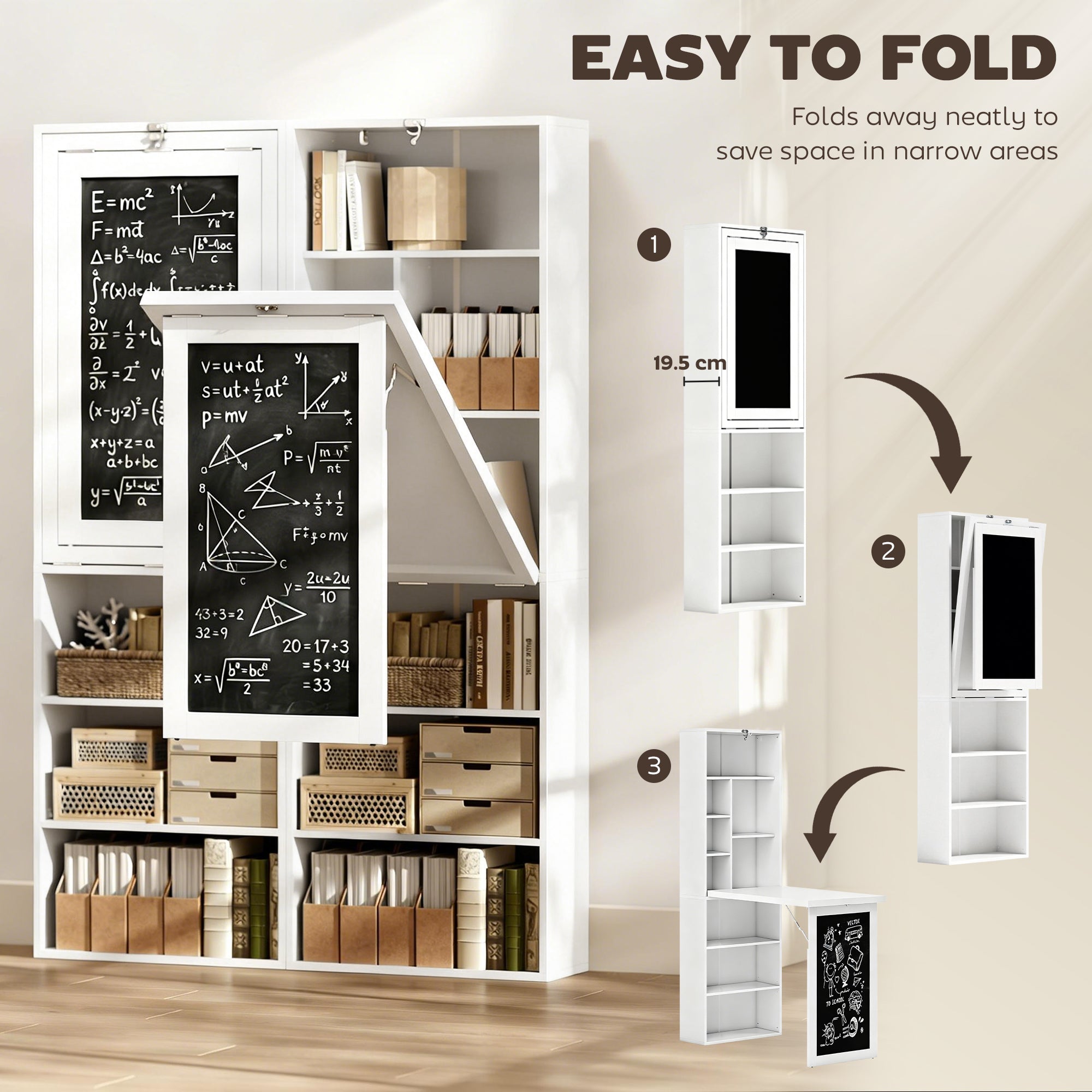 HOMCOM Fold-out Convertible Writing Desk Wall Mount Cabinet with Blackboard and Side Shelf Multi-Function Home Office Workstation, White