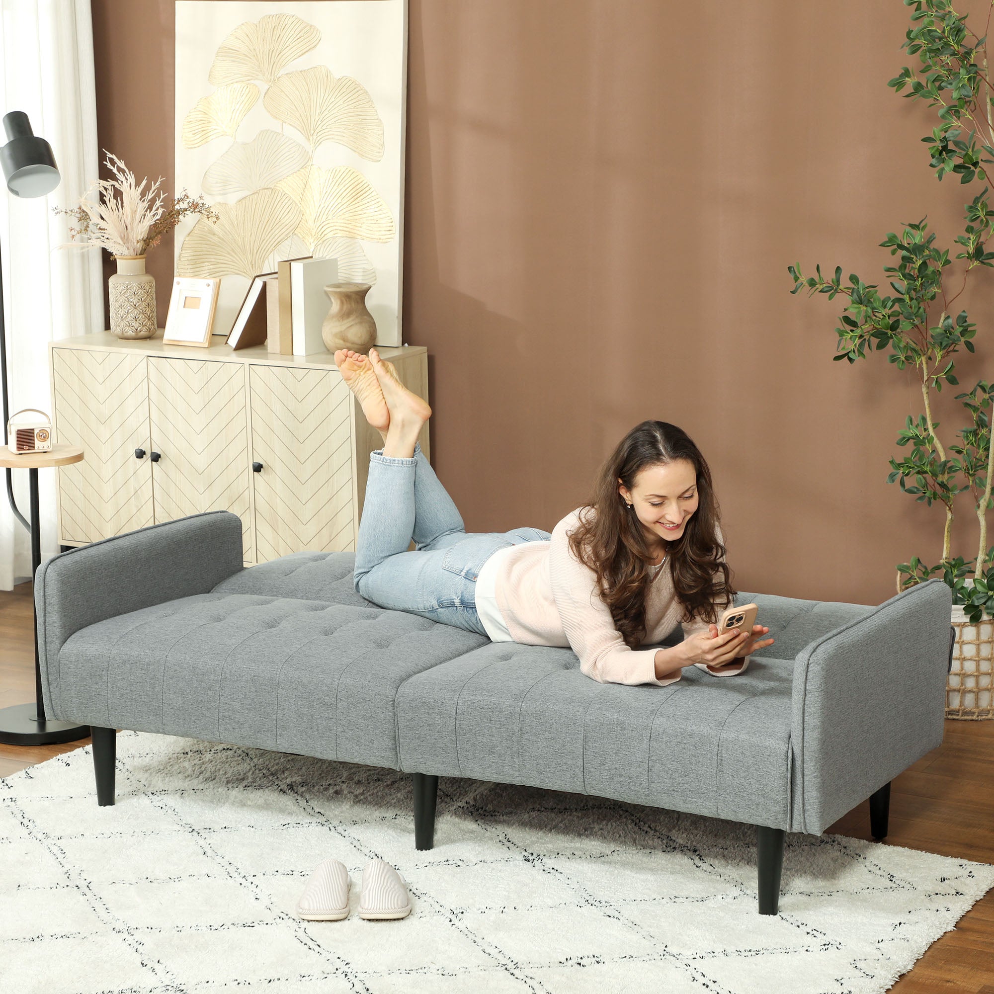 HOMCOM Upholstered Click Clack Sofa Bed, Linen-Feel 3 Seater Sofa Bed with Storage and Cupholders, Light Grey - North Peak Garden Furniture