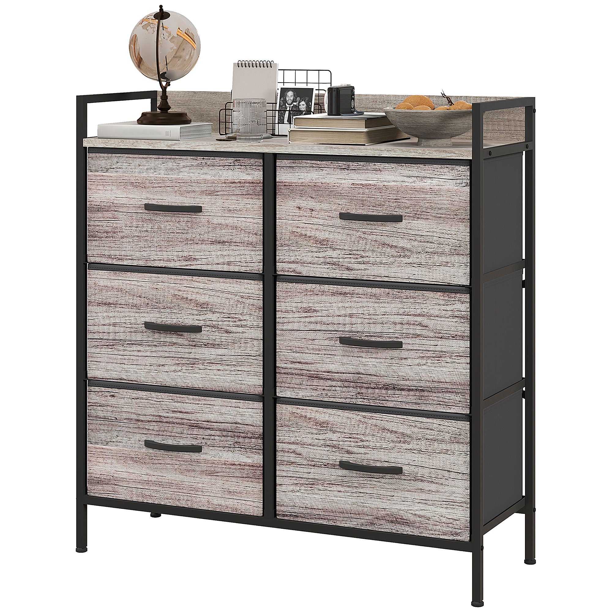 HOMCOM Rustic Chest of Six Fabric Drawers - Grey Wood Effect