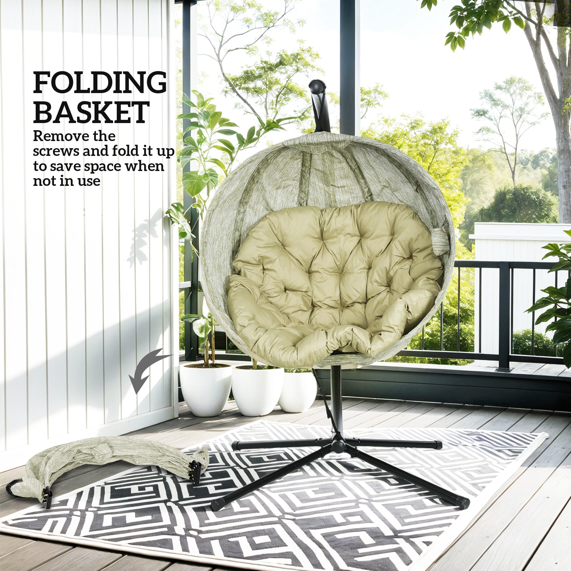 Outsunny Hanging Egg Chair Outdoor Indoor Garden Swing Chair with Folding Basket, Garden Hanging Chair with Stand, Thickened Cushion, Cup Holder for Patio, Balcony, Khaki - North Peak Garden Furniture