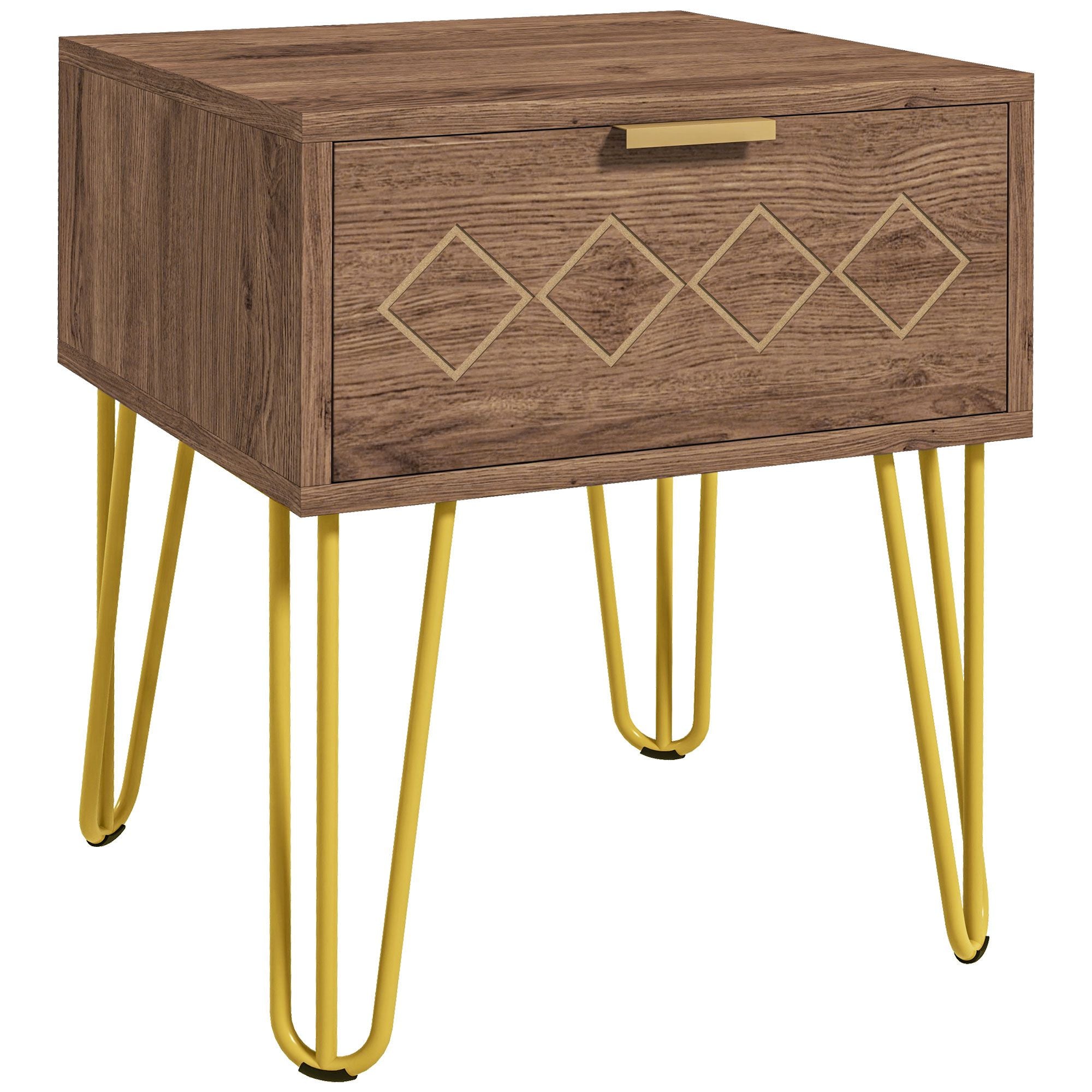 HOMCOM Bedside Table with Drawer, Wooden Nightstand, Modern Sofa Side Table with Gold Tone Metal Legs for Bedroom - North Peak Garden Furniture
