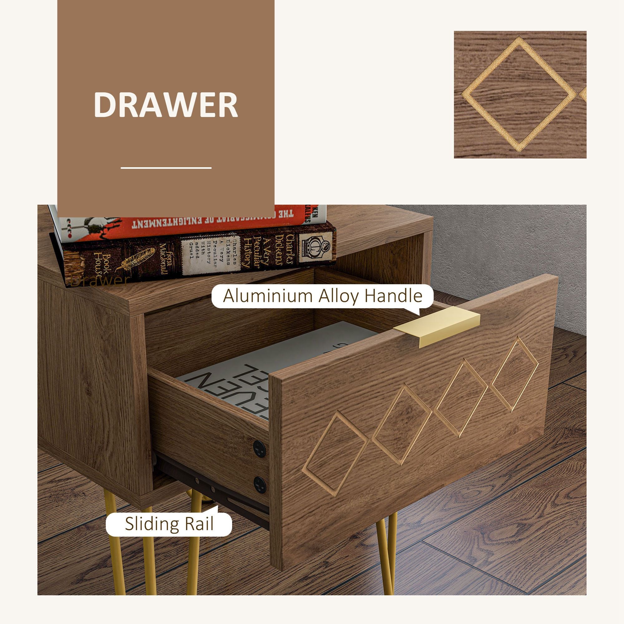 HOMCOM Bedside Table Set of 2 with Drawer, Wooden Nightstand, Modern Sofa Side Table with Gold Tone Metal Legs for Bedroom - North Peak Garden Furniture