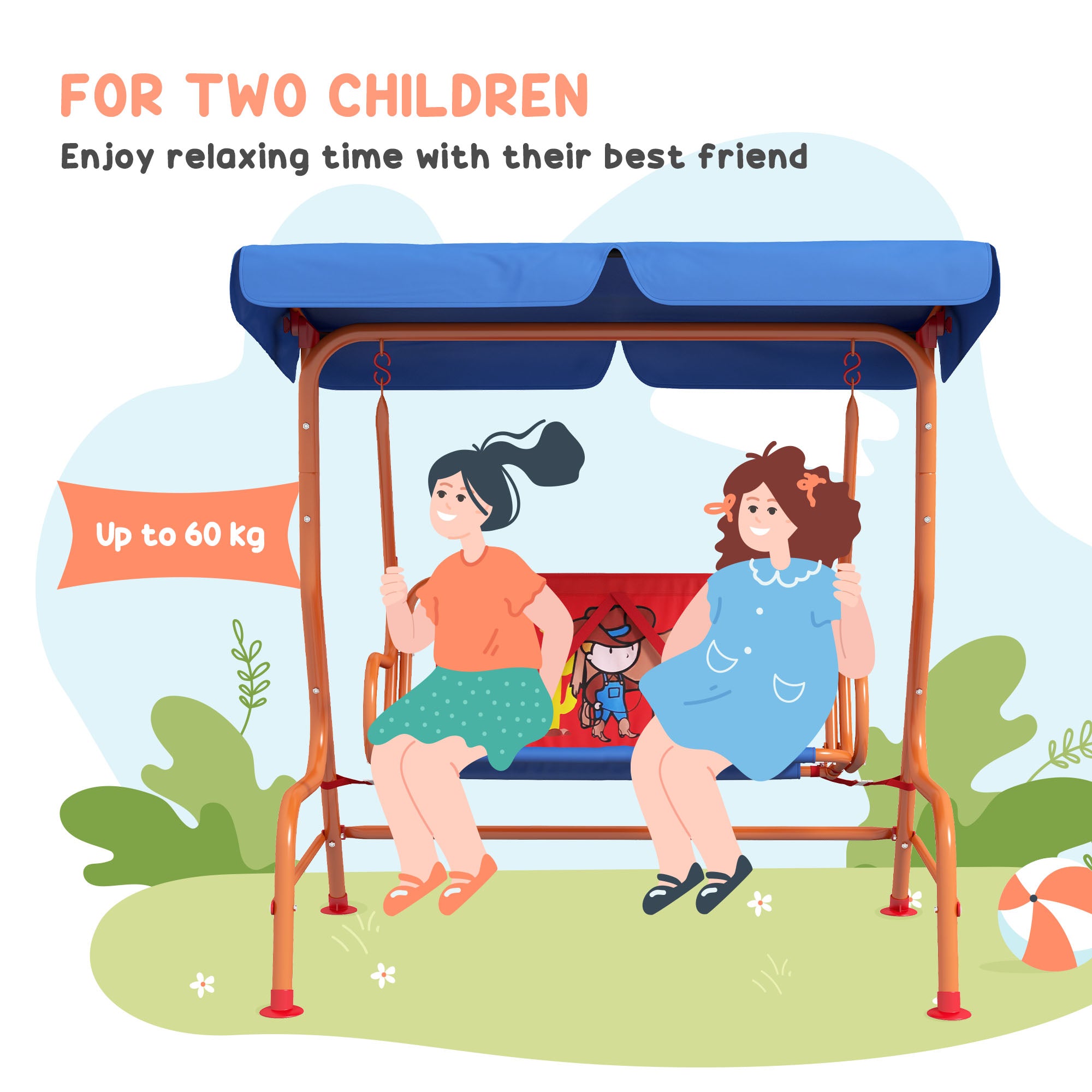 Outsunny Two Seater Kids Garden Swing, Cowboy Themed kids Swing Chair with Adjustable Canopy, Safety Belts for Outdoor Use - North Peak Garden Furniture