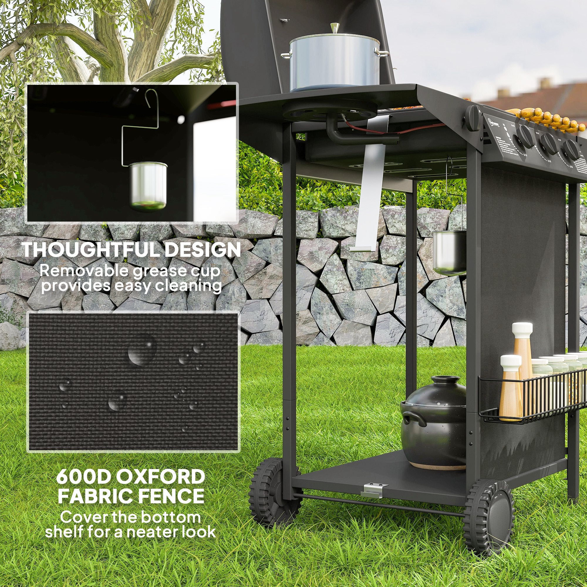 Outsunny 3+1 Burner Gas BBQ Grill, Portable Gas Barbecue Grill with Built-in Thermometer, Lid, Side Table, Shelf, Spice Rack, Wheels, Grease Cup for Garden Party Outdoor Cooking, Black