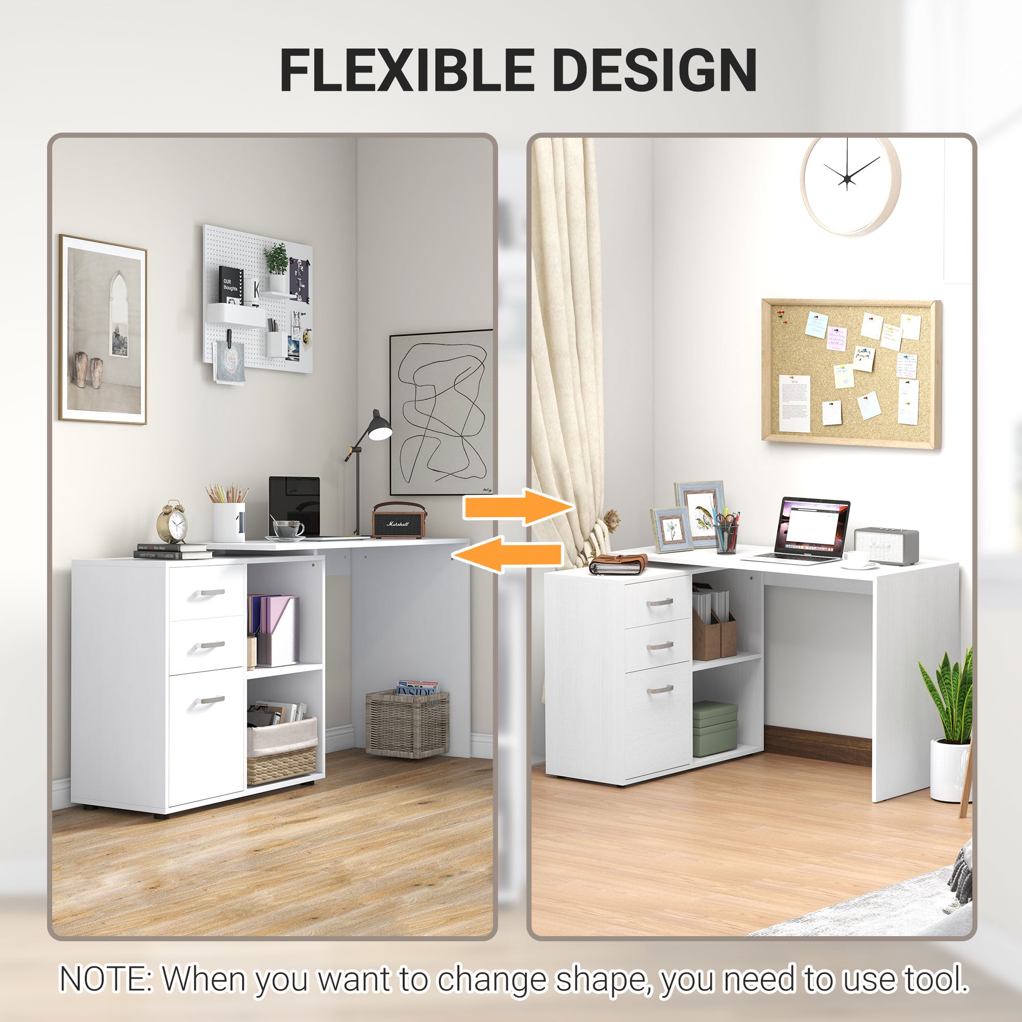 HOMCOM L-Shaped Computer Desk, 2 Shaped Corner Desk with Drawers, File Cabinet and Storage Shelves, Home Office Desk, 117 x 83.5 x 76cm, White - North Peak Garden Furniture
