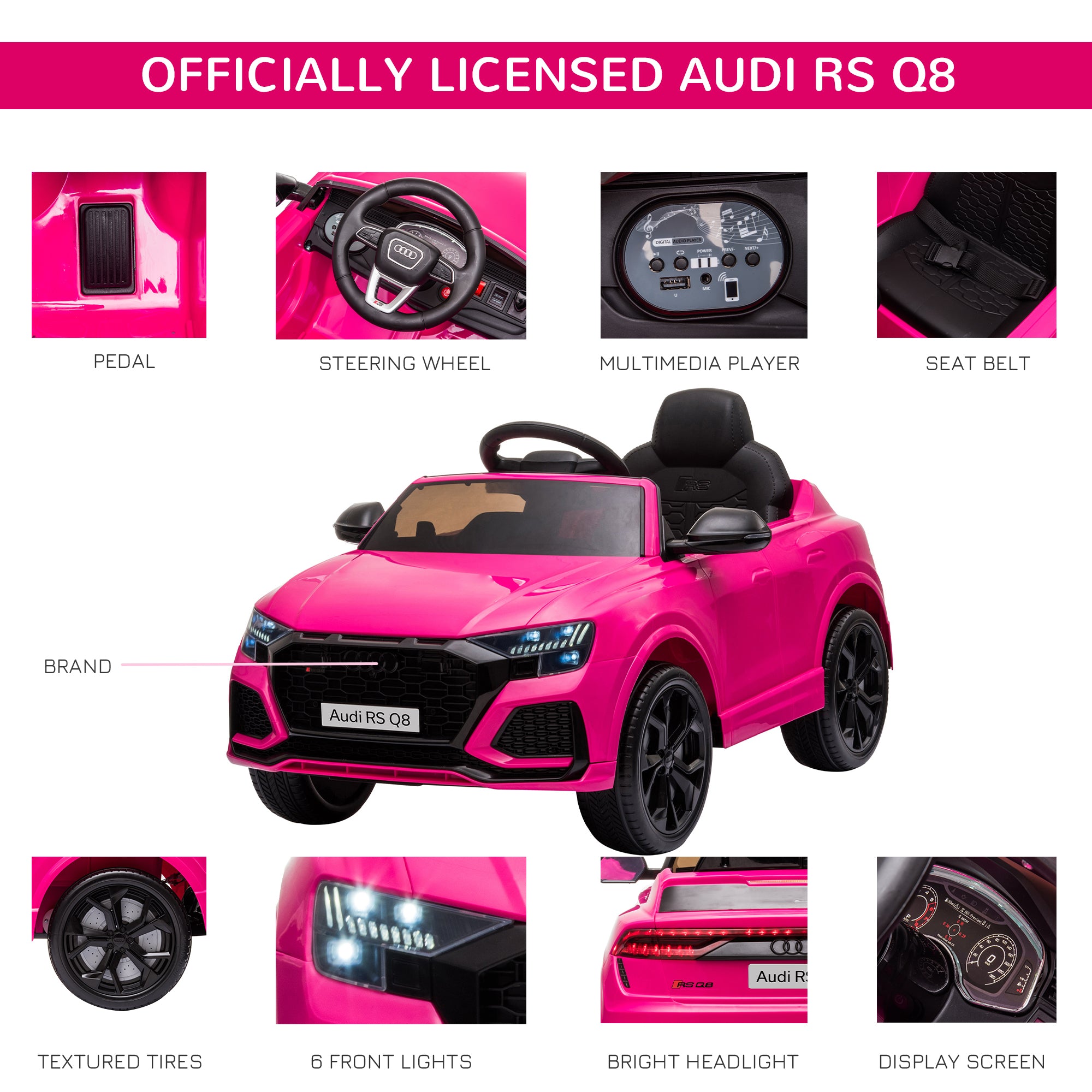 HOMCOM Audi RS Q8 6V Kids Electric Ride On Car Toy w/ Remote USB MP3 Bluetooth Pink - North Peak Garden Furniture