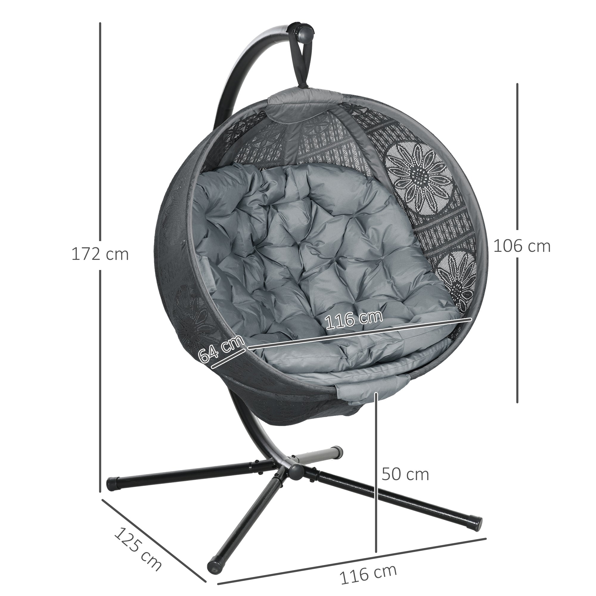 Outsunny Round Egg Basket Chair, with Steel Stand, Charcoal Grey - North Peak Garden Furniture