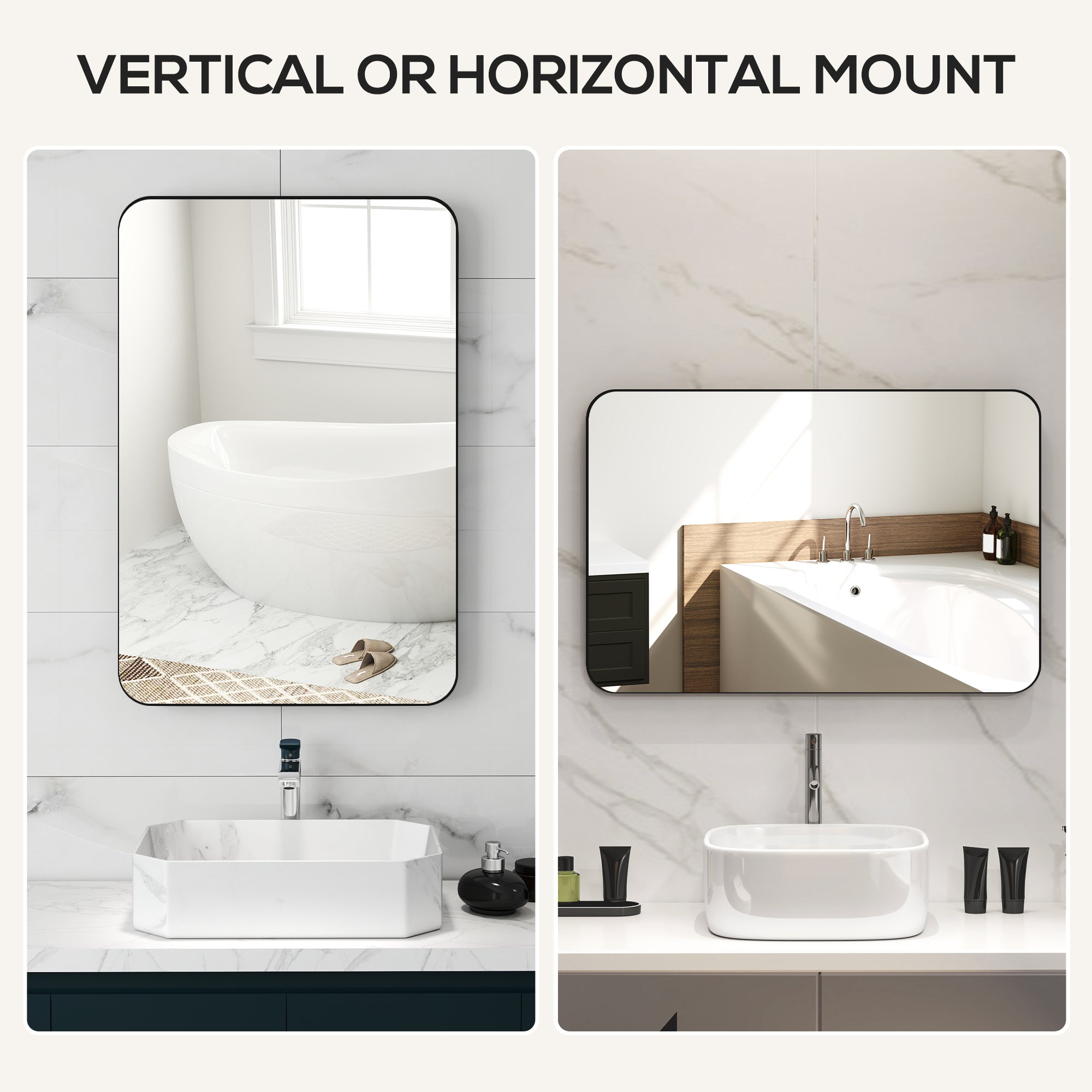 HOMCOM 90 x 60cm Curved Bathroom Mirror - Black - North Peak Garden Furniture