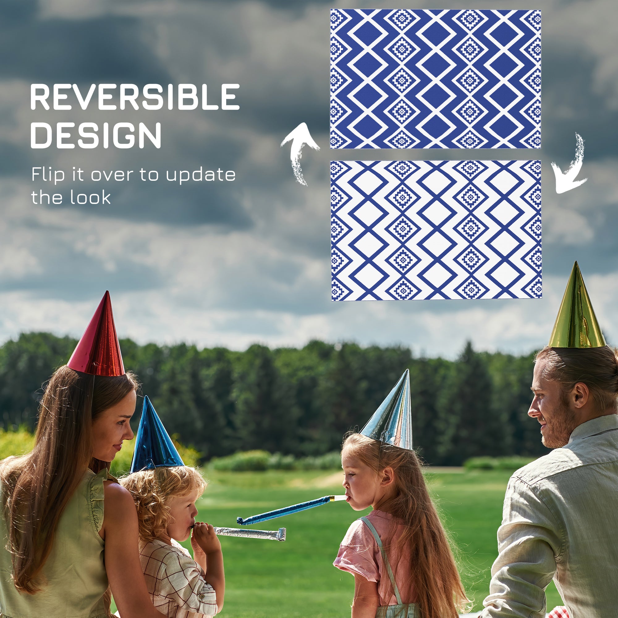 Outsunny Plastic Straw Reversible RV Outdoor Rug with Carry Bag, 182 x 274cm, Blue and White - North Peak Garden Furniture