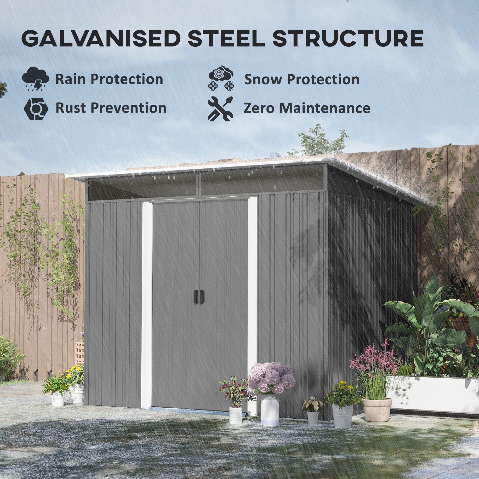 Outsunny Garden Metal Storage Shed House Hut Gardening Tool Storage w/ Tilted Roof and Ventilation 8.5 x 6ft, Grey - North Peak Garden Furniture