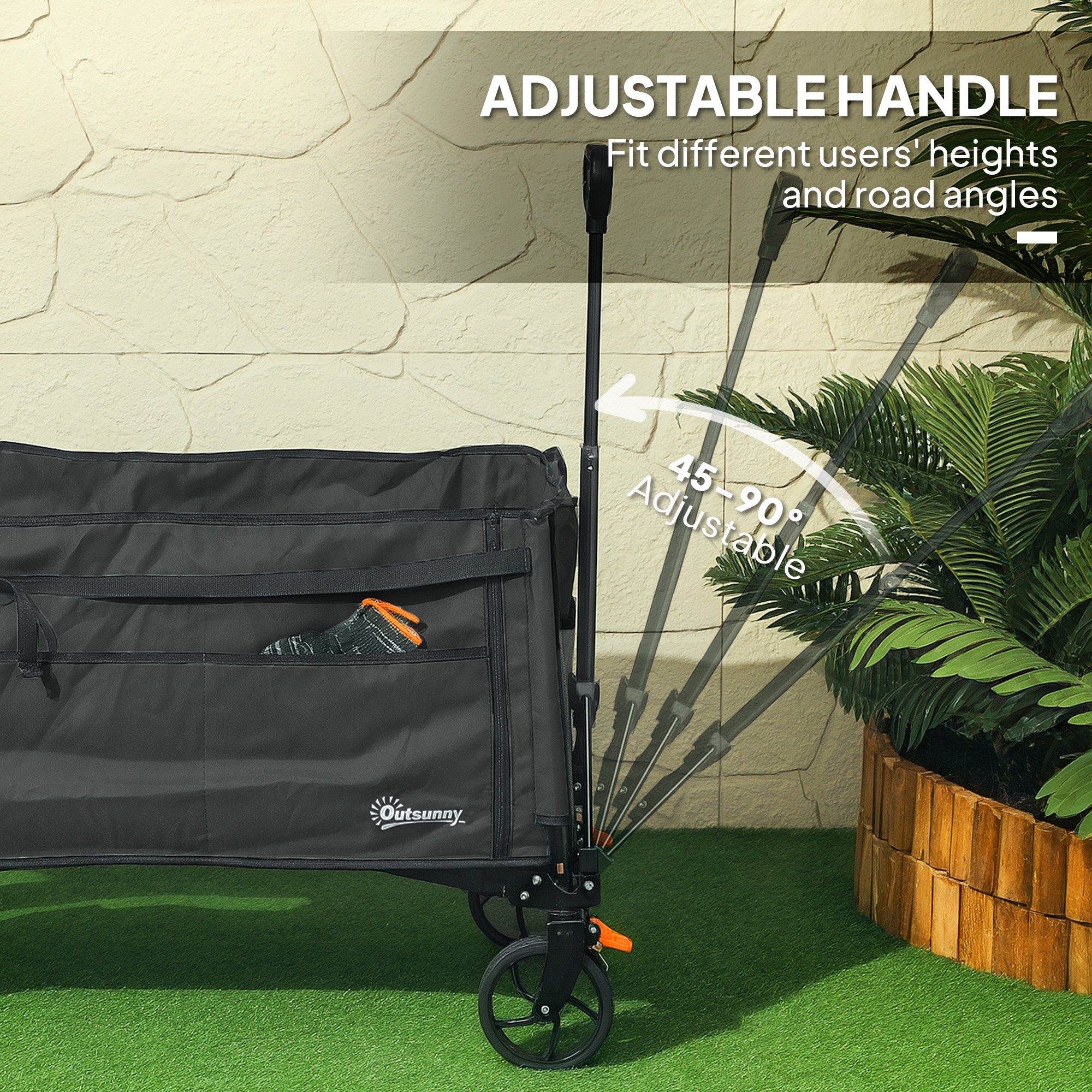 Outsunny Folding Trolley on Wheels, 150L Collapsible Wagon Festival Trolley Cart with Openable Sides, Adjustable Handle and Brakes for Shopping Camping Beach and Garden, Black - North Peak Garden Furniture