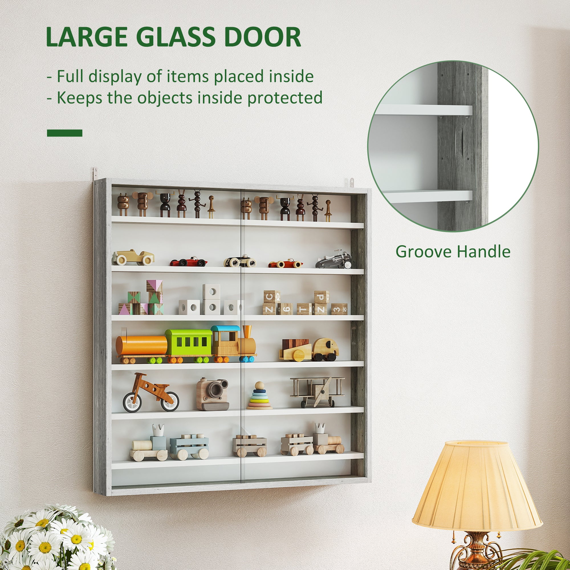 HOMCOM Six Shelf Display Cabinet, with Glass Doors - Graphite Wood Effect - North Peak Garden Furniture
