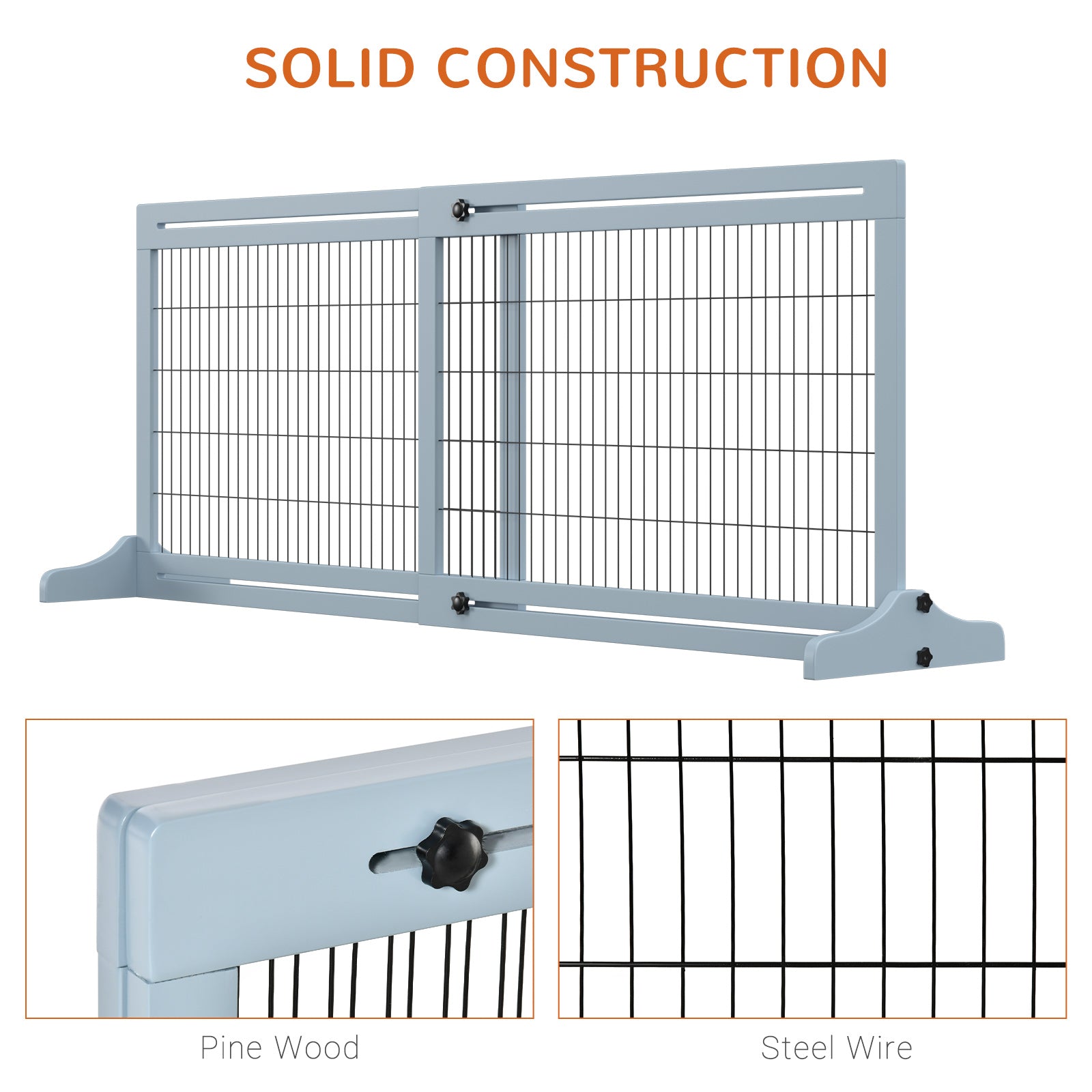 PawHut Freestanding Dog Gate, Foldable Pet Fence, Indoor Wood Barrier, Stair Gate with Support Feet, for Doorway, Hallway, Small and Medium Dogs, 69H x 104-183 cm, Blue-grey - North Peak Garden Furniture