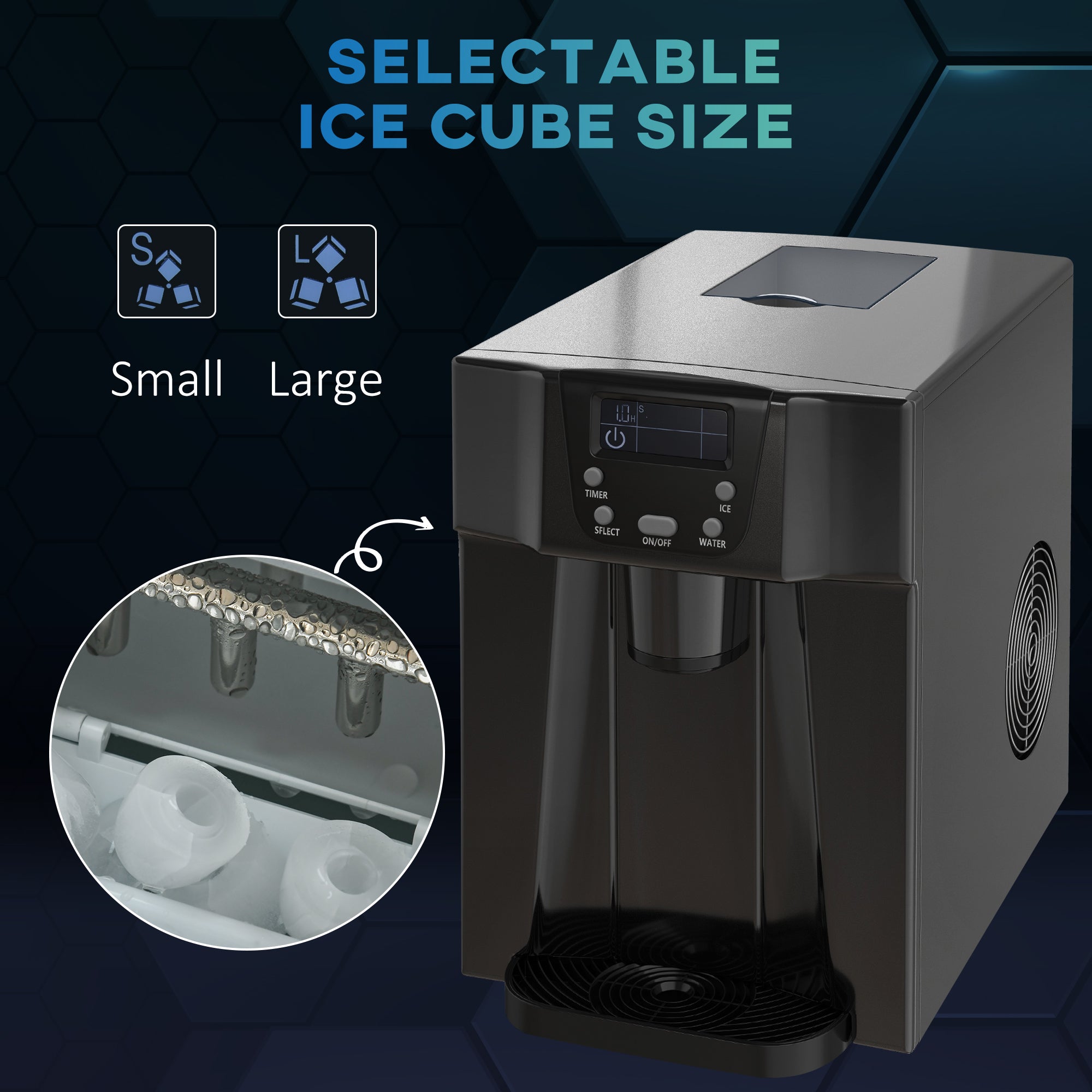 HOMCOM Ice Maker Machine and Water Dispenser, Counter Top Ice Cube Maker for Home with 3L Tank, Adjustable Cube Size, 9 Ice Cubes per 6-10 Minutes, No Plumbing Required, Black - North Peak Garden Furniture