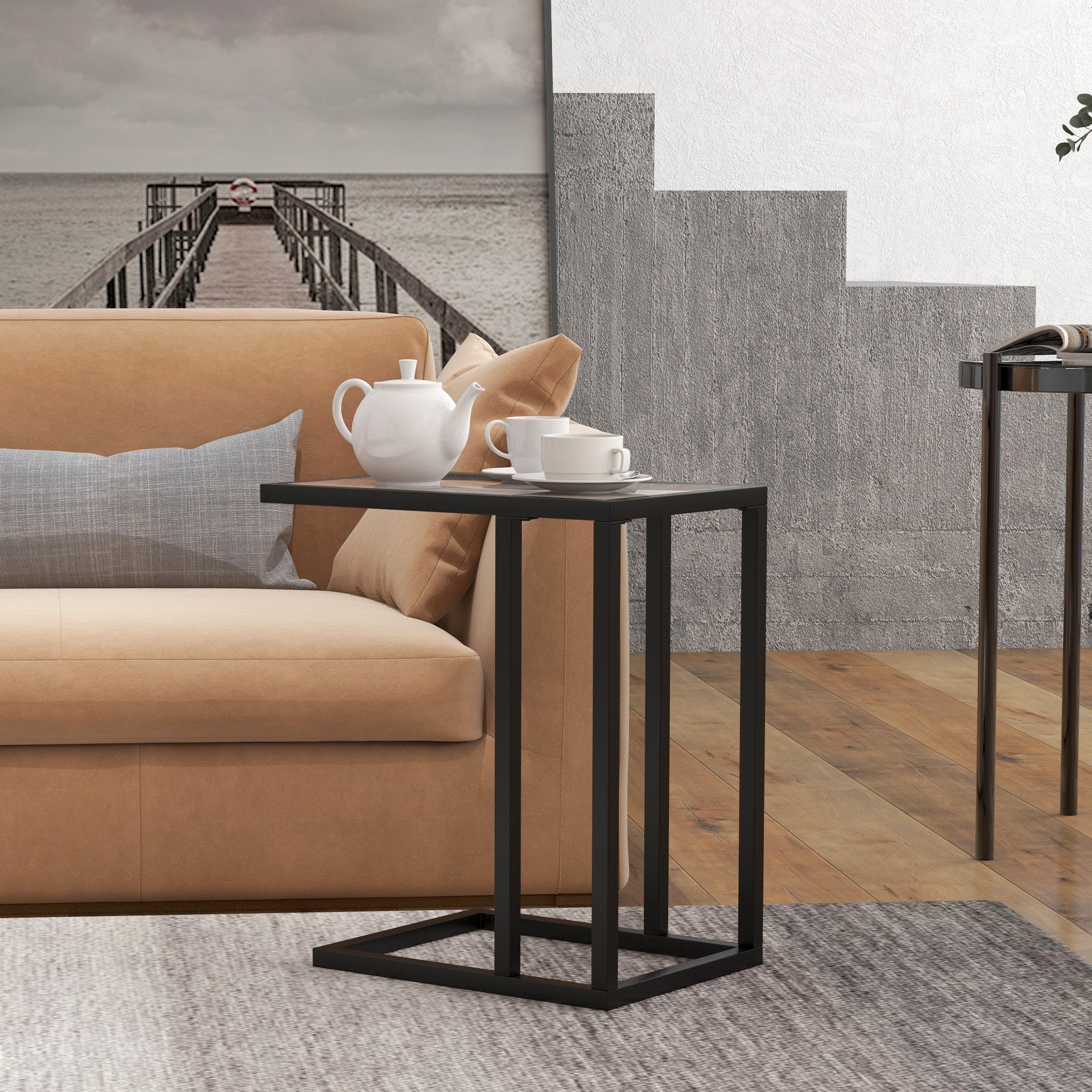HOMCOM C Shape Bedside Table w/Metal Frame Marble-Effect Top Sofa Narrow Snack End Table for Living Room, Grey - North Peak Garden Furniture