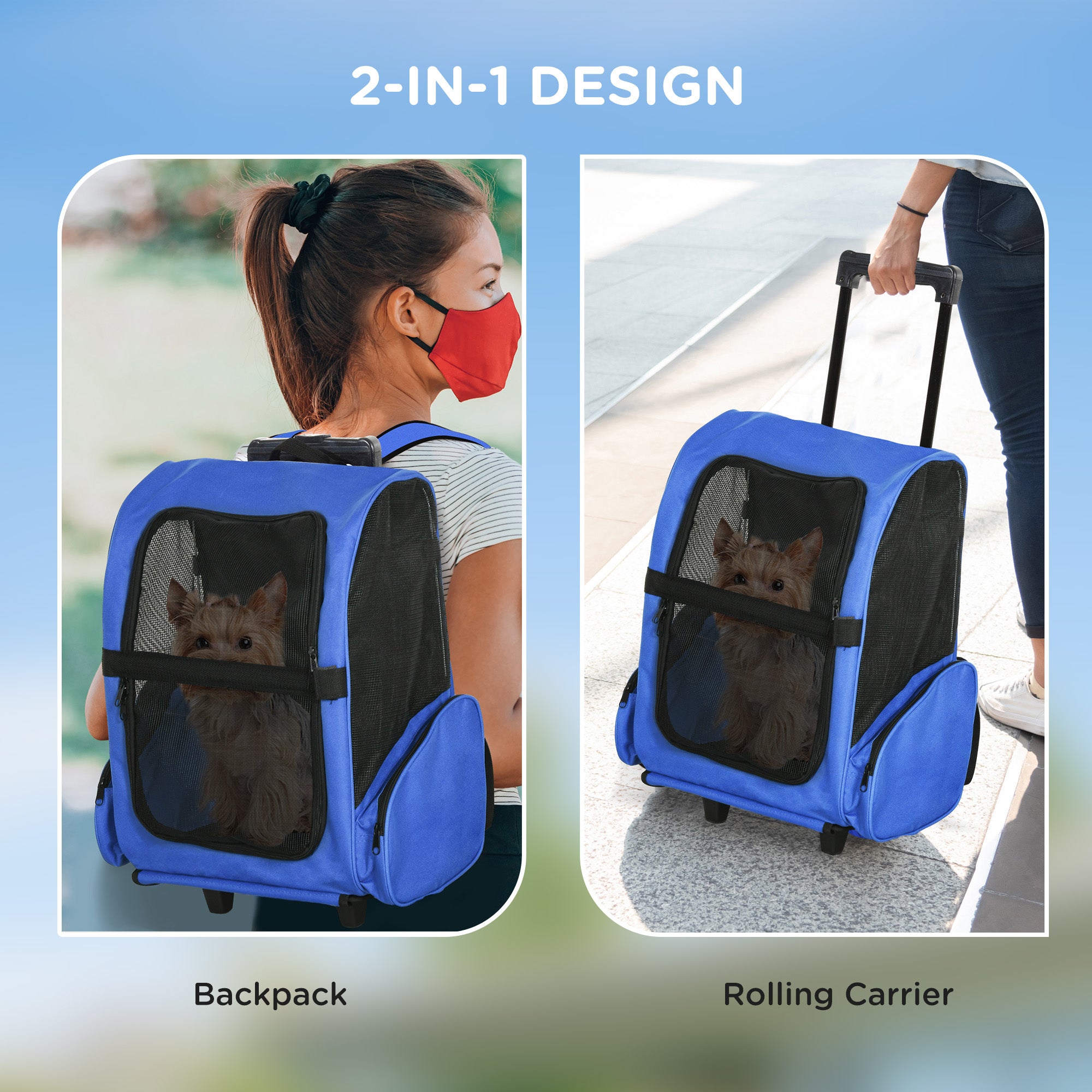 PawHut Pet Travel Backpack Bag Cat Puppy Dog Carrier w/ Trolley and Telescopic Handle Portable Stroller Wheel Luggage Bag (Blue)