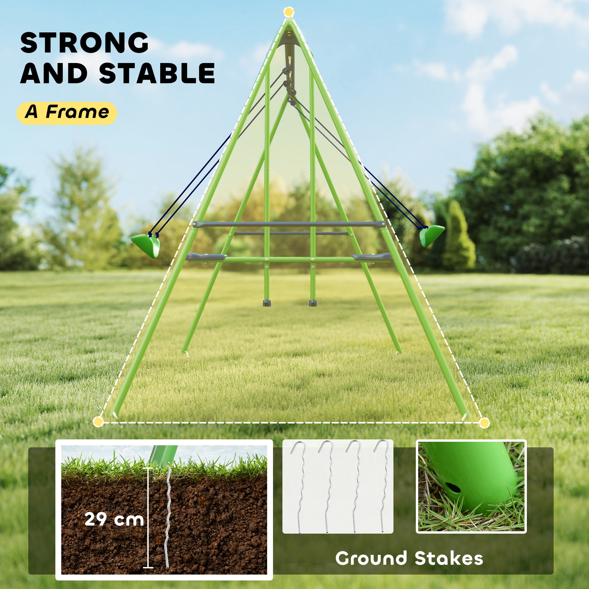 Outsunny Metal Garden Swing Set Height Adjustable Children Outdoor Backyard Play Set for Toddlers Over 3 Years Old, Green