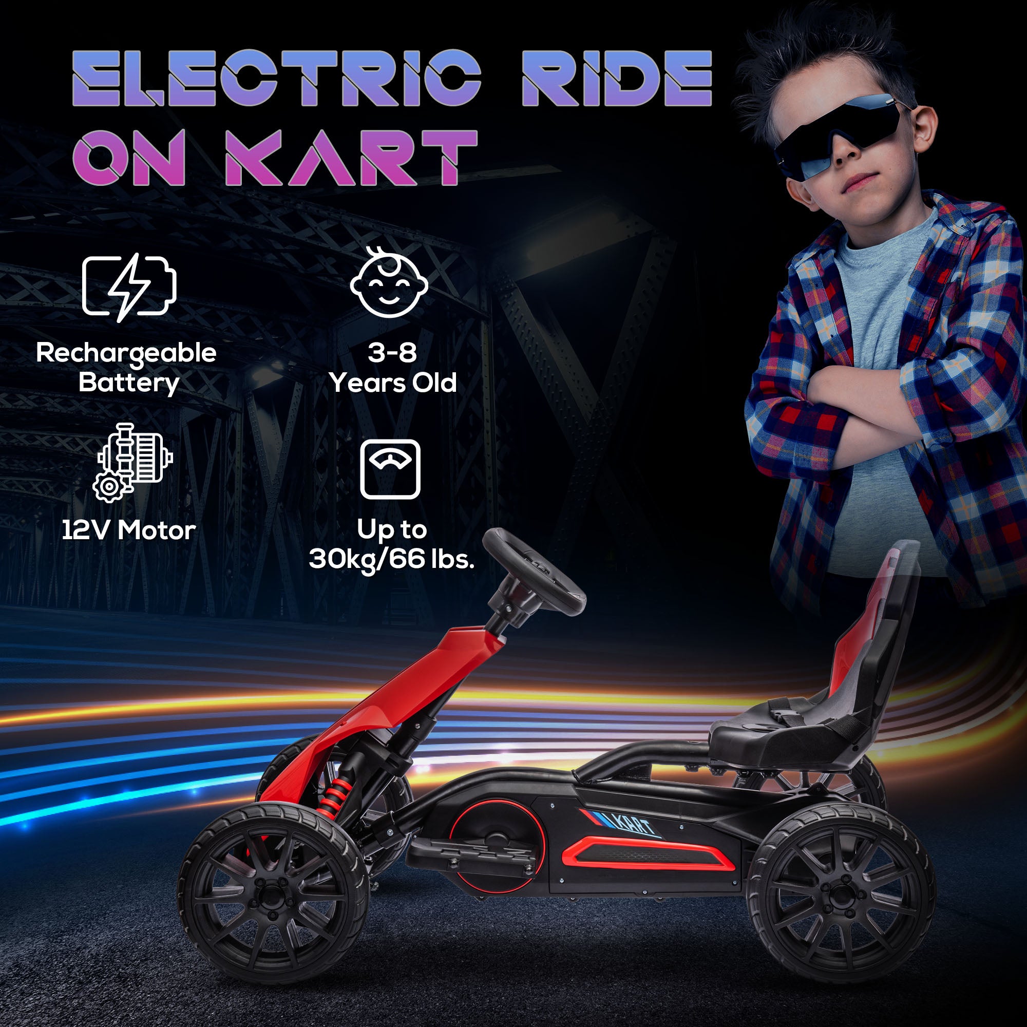 HOMCOM 12V Electric Go Kart for Kids, Ride-On Racing Go Kart with Forward Reversing, Rechargeable Battery, 2 Speeds, for Boys Girls Aged 3-8 Years Old - Red