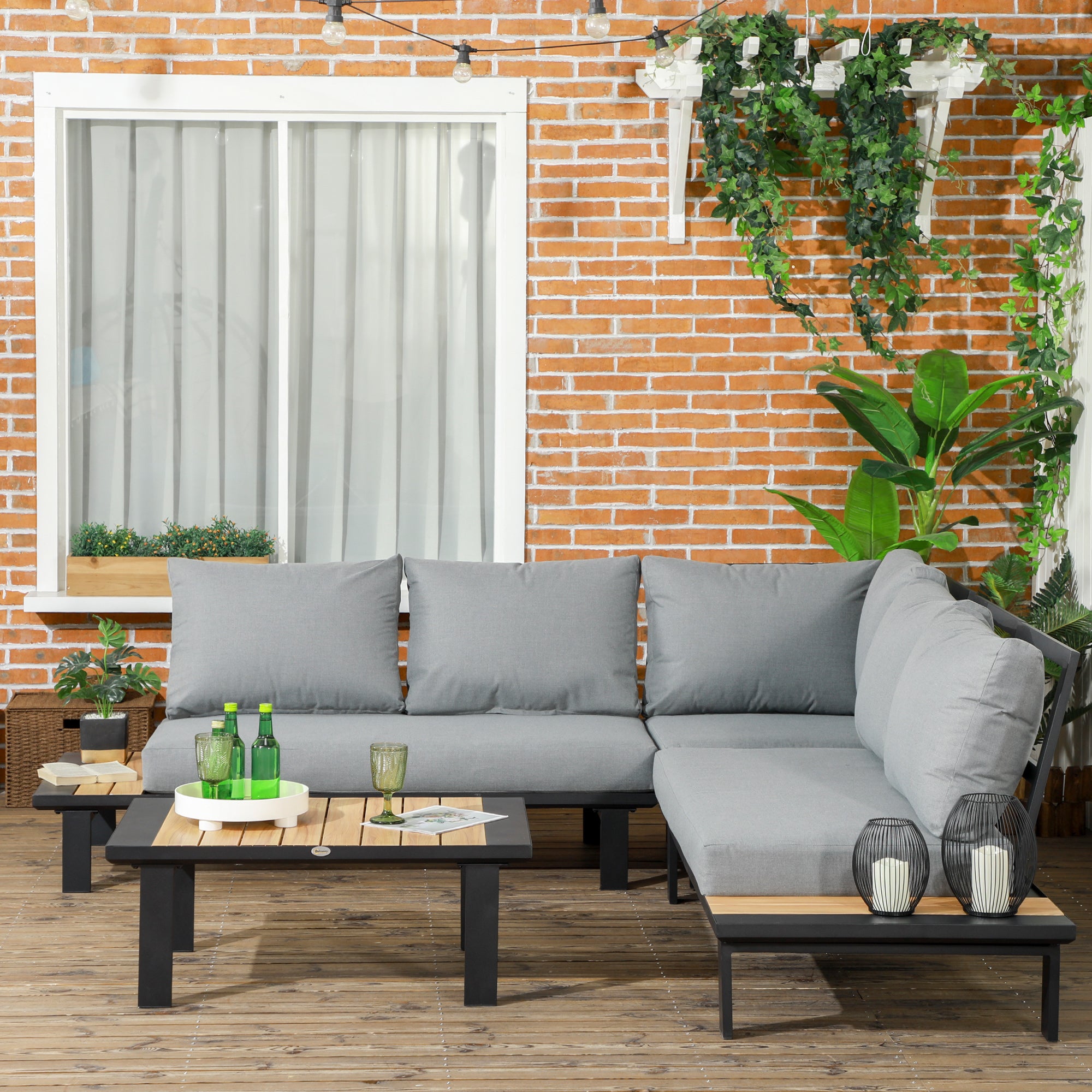 Outsunny 4 Pieces Aluminium Garden Furniture Set L Shape Sofa Set with Tables, Cushions for Indoor, Garden, Patio, Dark Grey - North Peak Garden Furniture