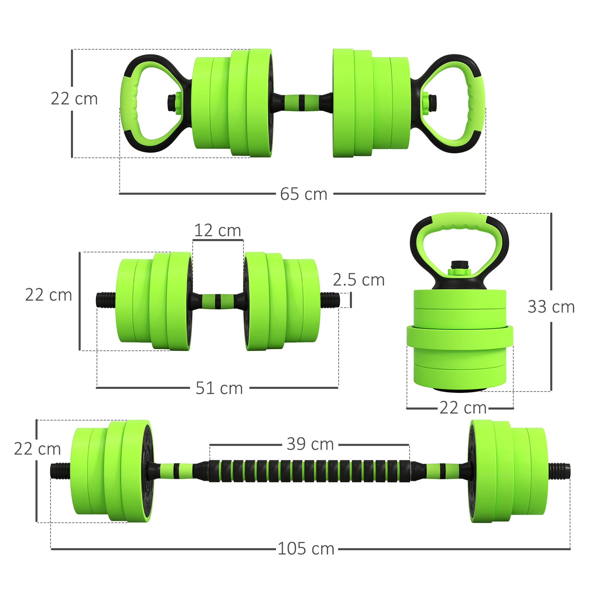 SPORTNOW 30kg Four-In-One Adjustable Weight Dumbbells Set, Barbell, Kettlebell, Push Up Stand - Green - North Peak Garden Furniture