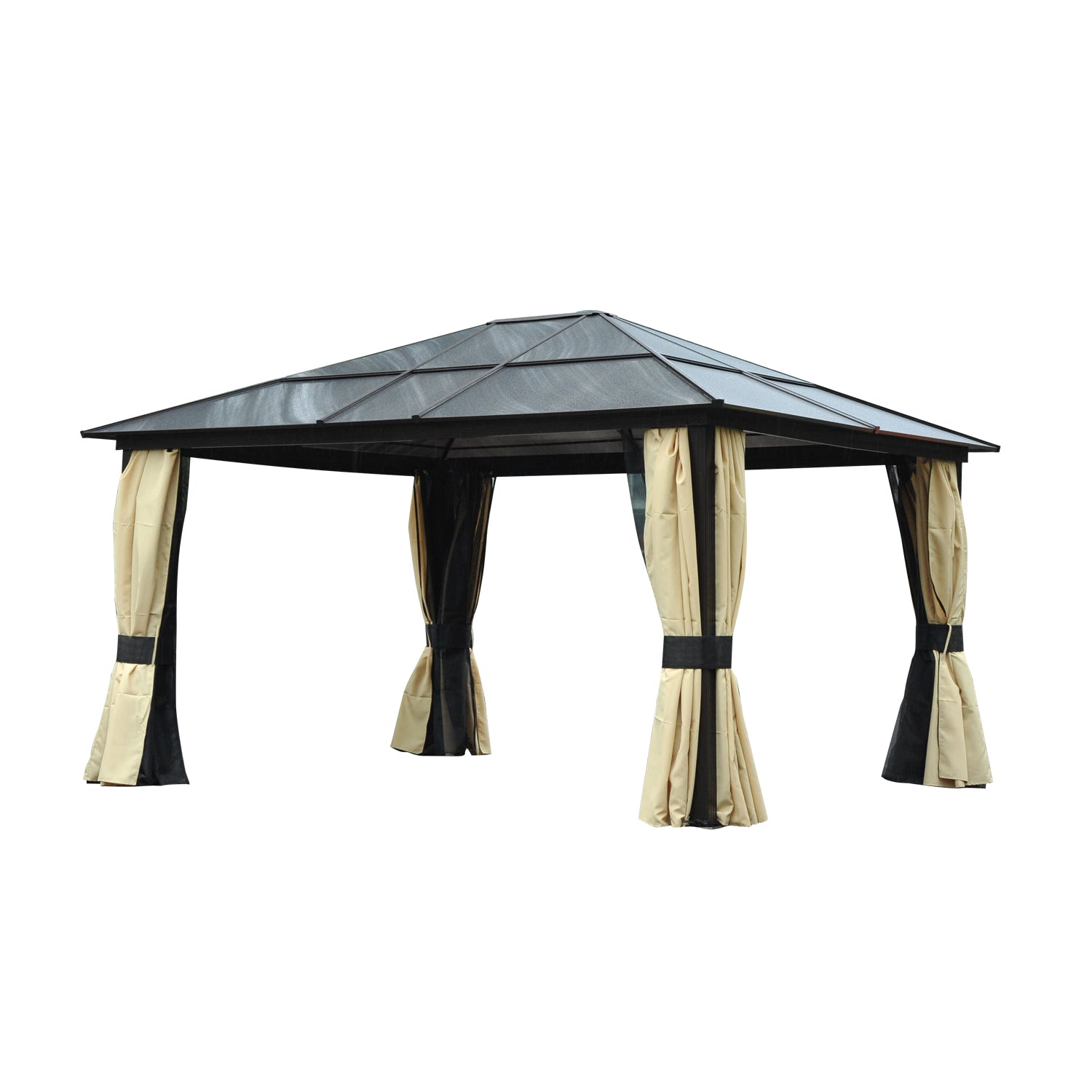 Outsunny 3.6 x 4m Hardtop Gazebo Canopy with Polycarbonate Roof and Aluminium Frame, Garden Pavilion with Mosquito Netting and Curtains - North Peak Garden Furniture