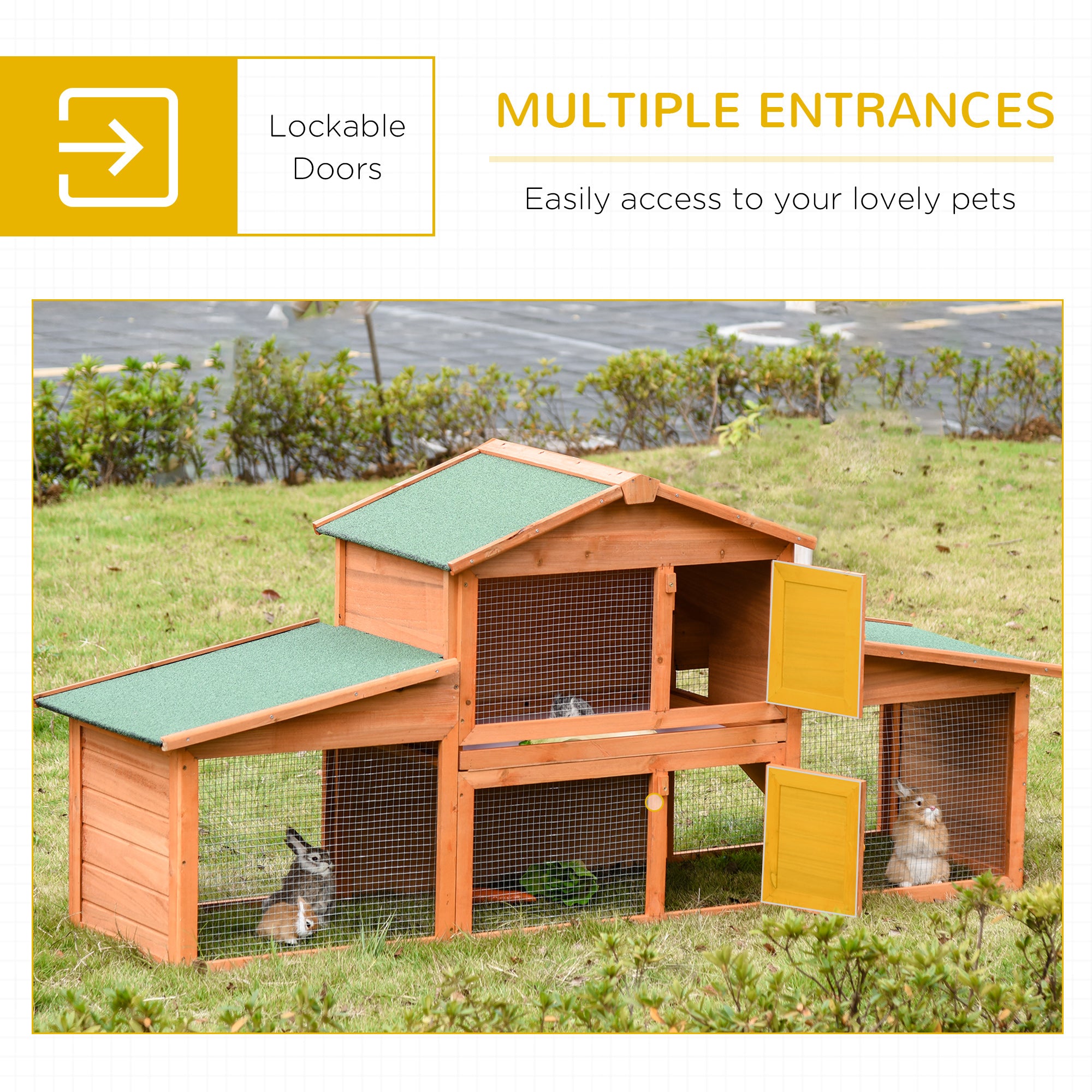 PawHut Large Rabbit Hutch Outdoor, Guinea Pig Hutch, Wooden Small Animal House, with Rabbit Run, 215 x 63 x 97 cm - North Peak Garden Furniture