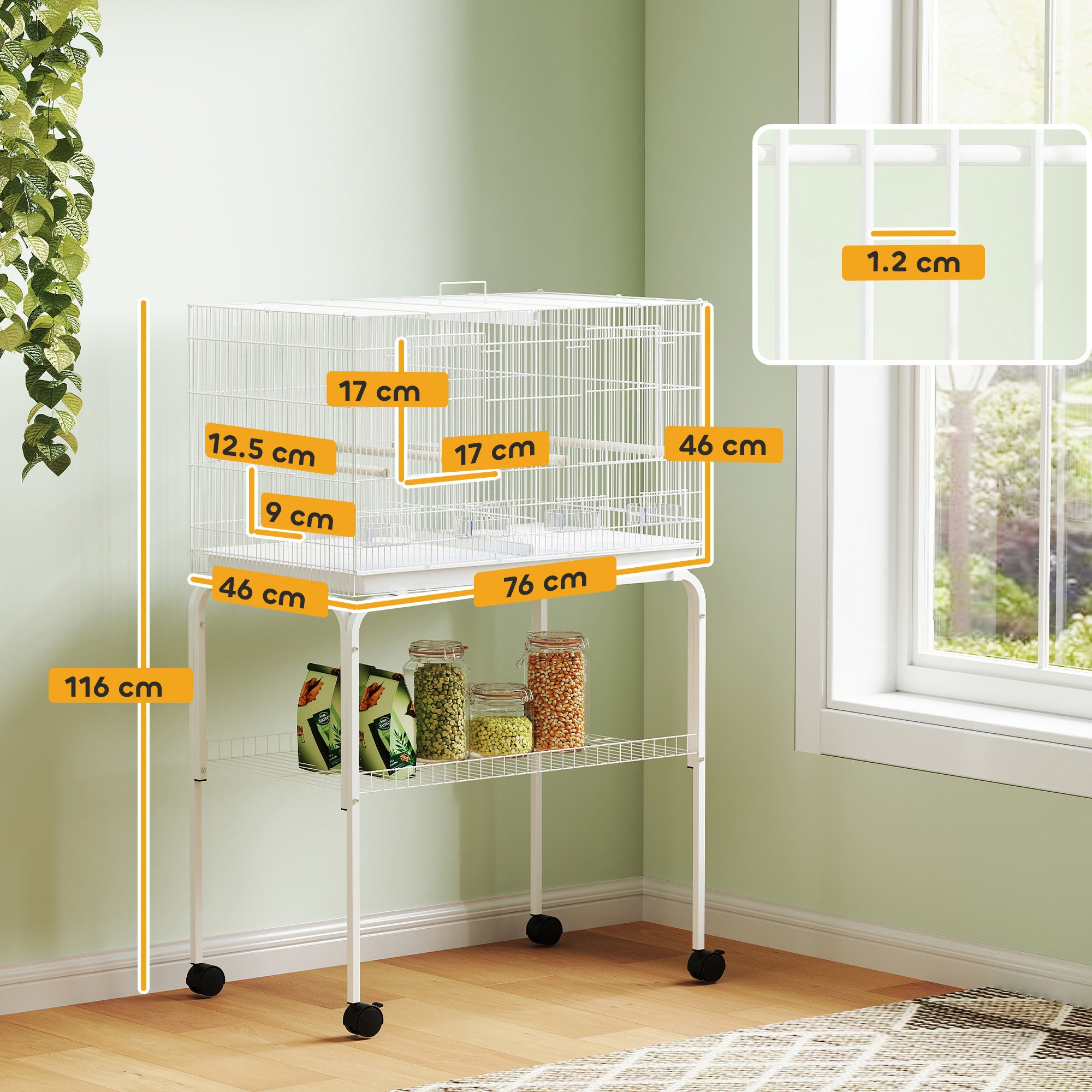PawHut Bird Cage with Divider, 4 Wooden Perches, Slide Out Tray, 4 Feeders, for Budgie, Lovebird, Canary, 76 x 46 x 116cm White
