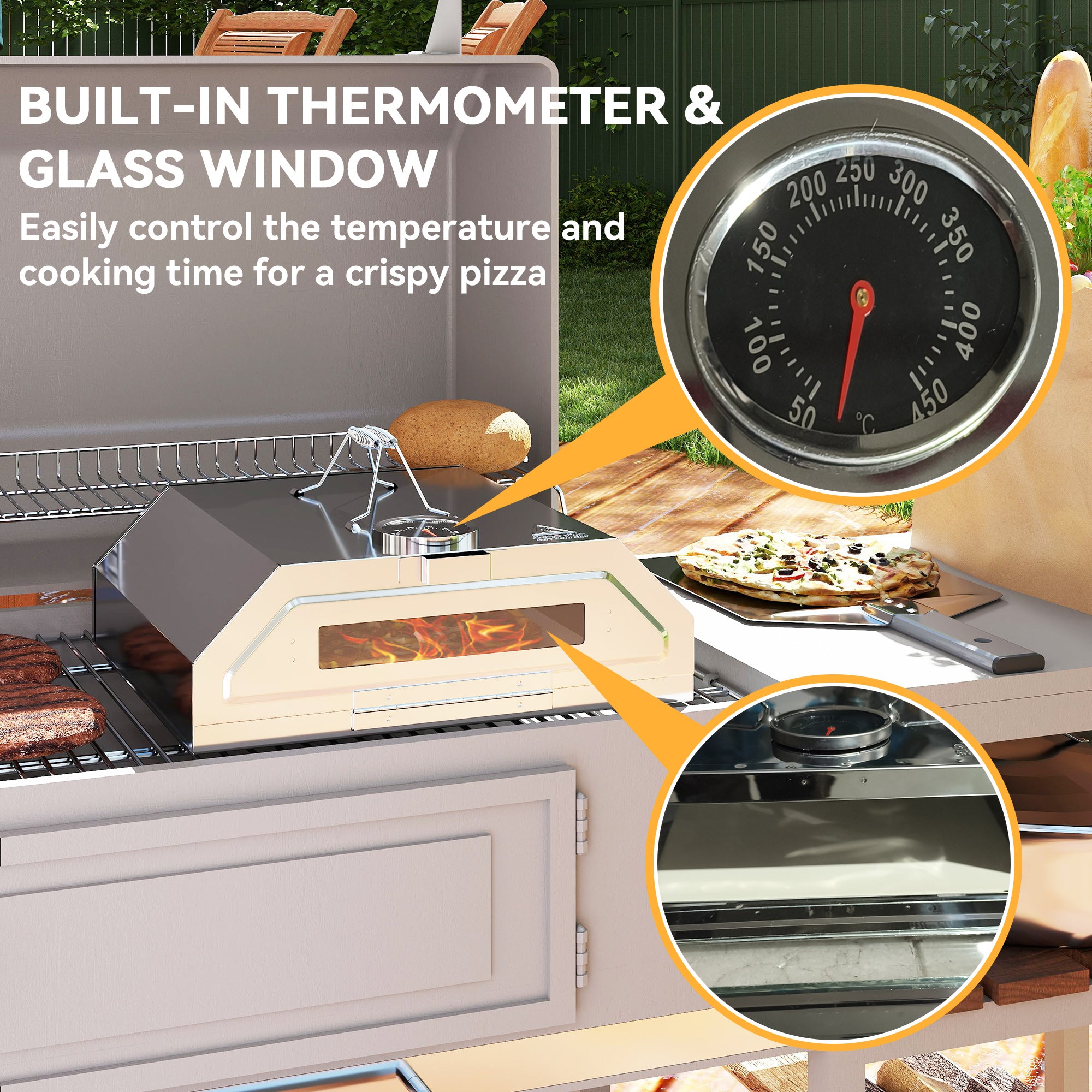 Outsunny 8 in Portable Stainless Steel BBQ Grill Top Pizza Oven with Built-in Thermometer and Viewing Window for Gas and Charcoal BBQ Grills, Includes Carry Handles, Pizza Stone and Peel, Silver Tone - North Peak Garden Furniture