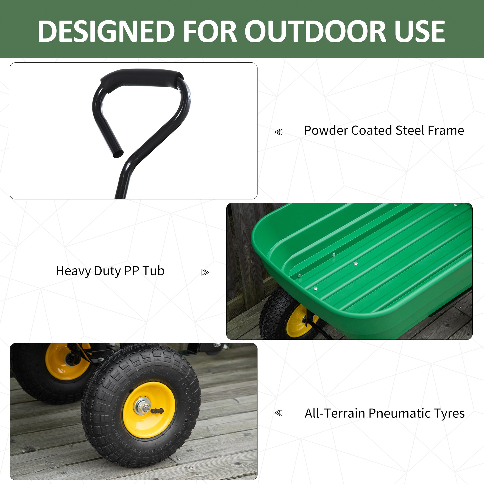 Outsunny 125 Litre Large Garden Cart Heavy Duty 4 Wheel Trolley Dump Wheelbarrow Tipping Truck Trailer - Green - North Peak Garden Furniture