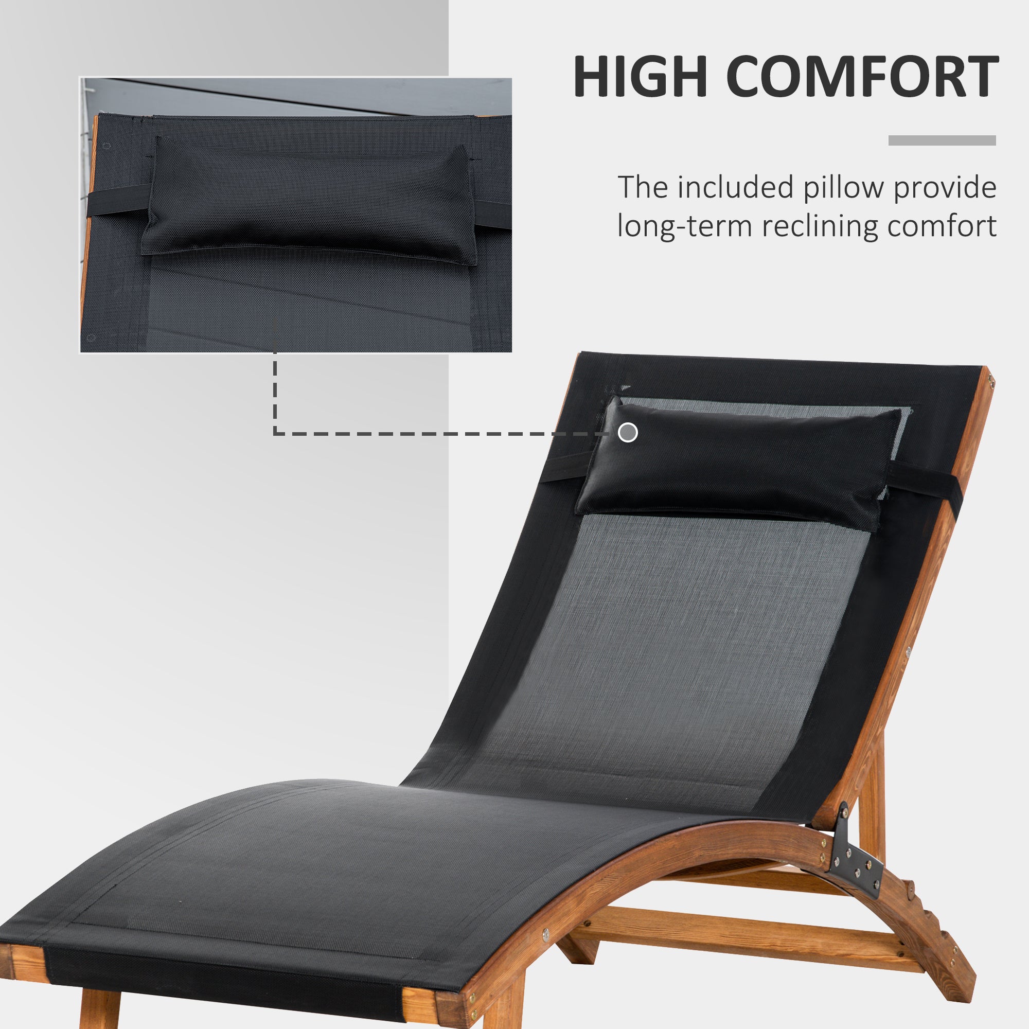 Outsunny Ergonomic Patio Lounge Chair Wooden Outdoor Chaise w/ 3 Adjustable Back and Removable Headrest Pillow for Garden Black - North Peak Garden Furniture
