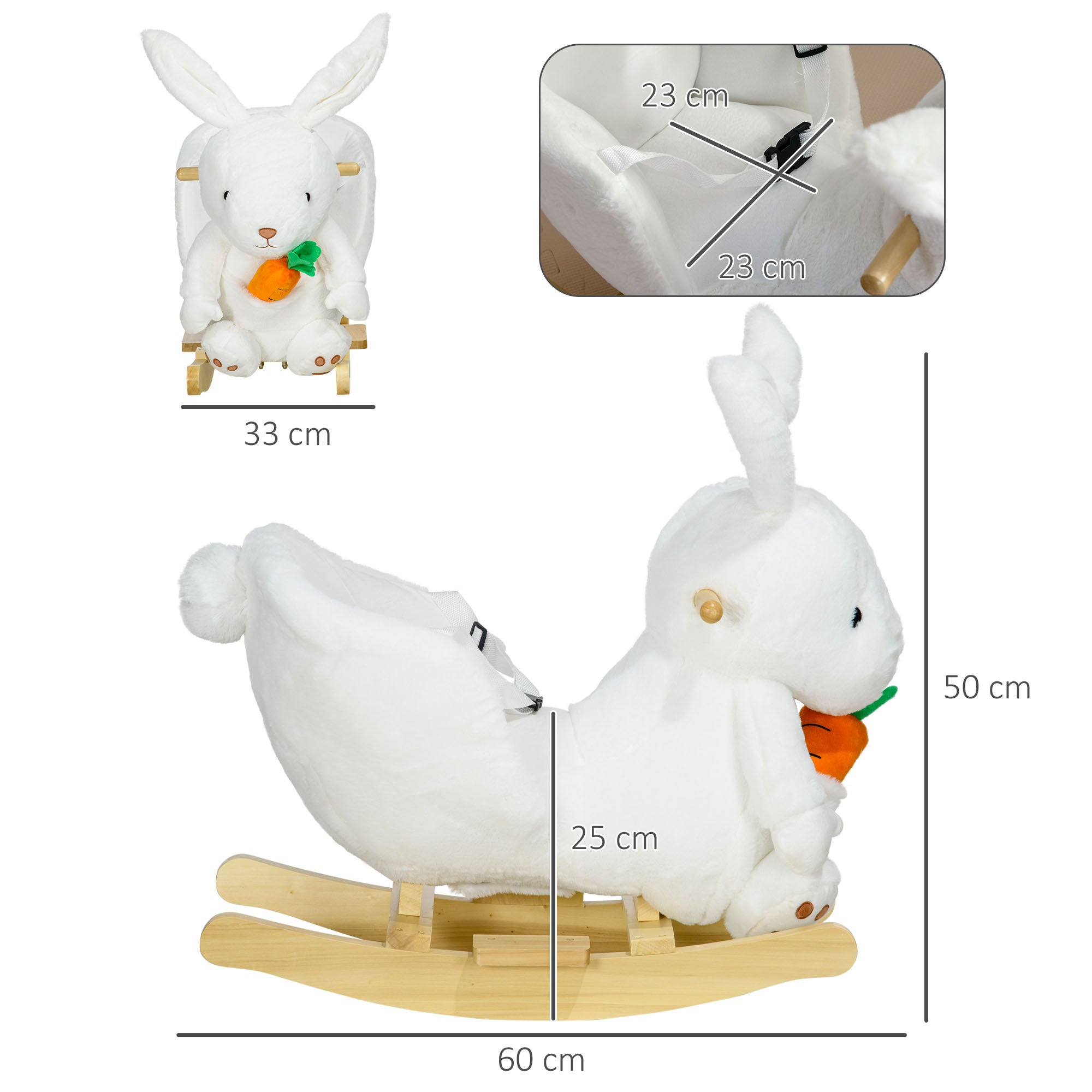 HOMCOM Kids Rabbit-Shaped Rocking Horse, with Safety Belt, Realistic Sounds, for Ages 18-36 Months - White - North Peak Garden Furniture