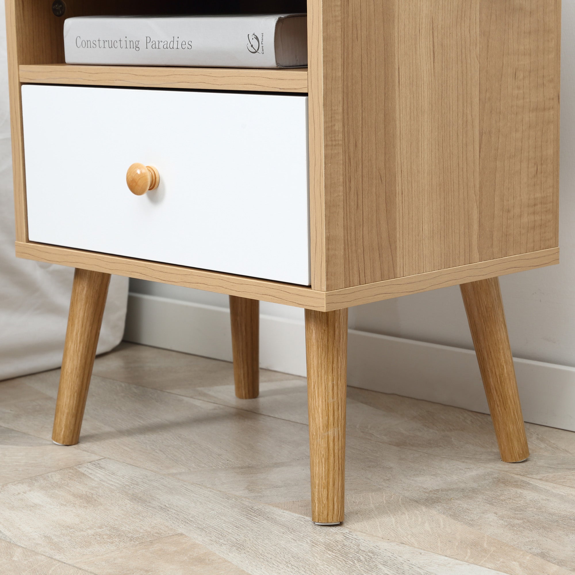 HOMCOM Bedside Table, Bedside Cabinet with Drawer and Shelf, Modern Nightstand, End Table for Living Room, Bedroom, Set of 2, Natural - North Peak Garden Furniture