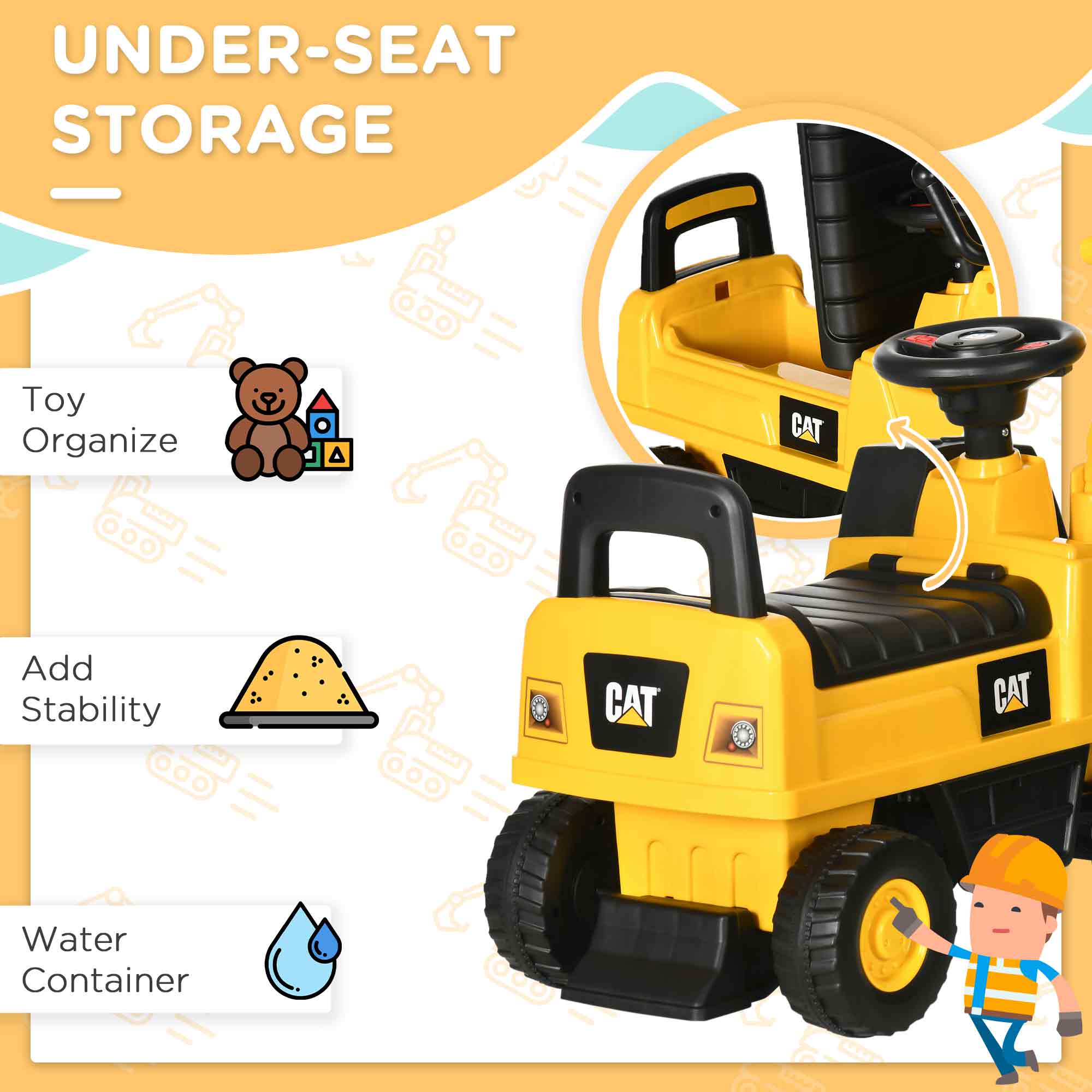 HOMCOM CAT Licensed Kids Ride on Digger Toddler Pretend Construction Play Toy Foot-To-Floor Ride-On Toy w/ Manual Shovel, Horn, Hidden Storage, for Ages 1-3 Years - North Peak Garden Furniture