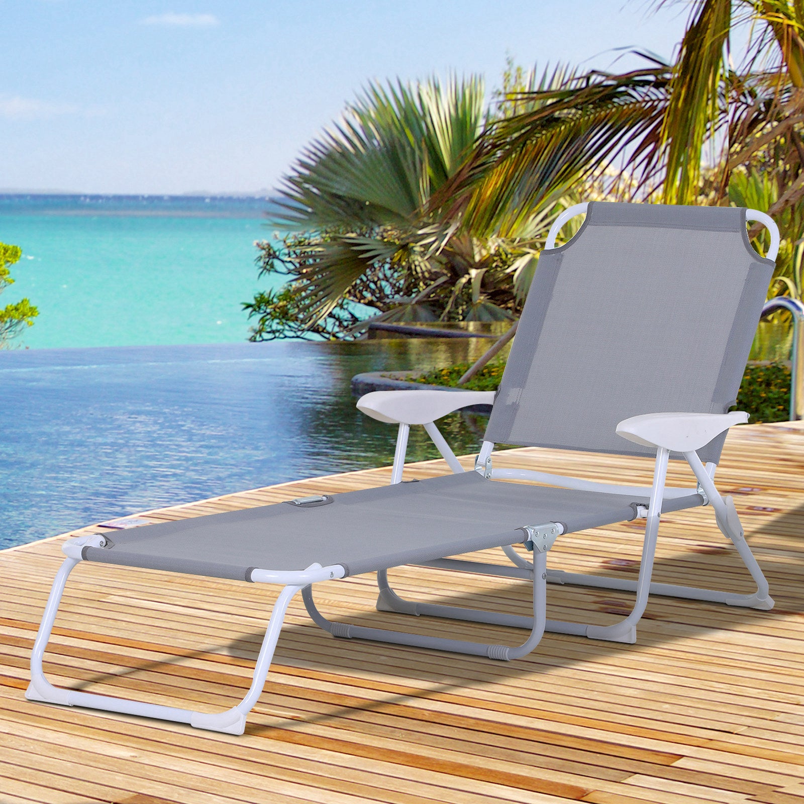 Outsunny Foldable Sun Lounger, Outdoor 4 Level Adjustable Backrest Reclining Lounge Chair with Armrests for Patio, Garden, Grey - North Peak Garden Furniture