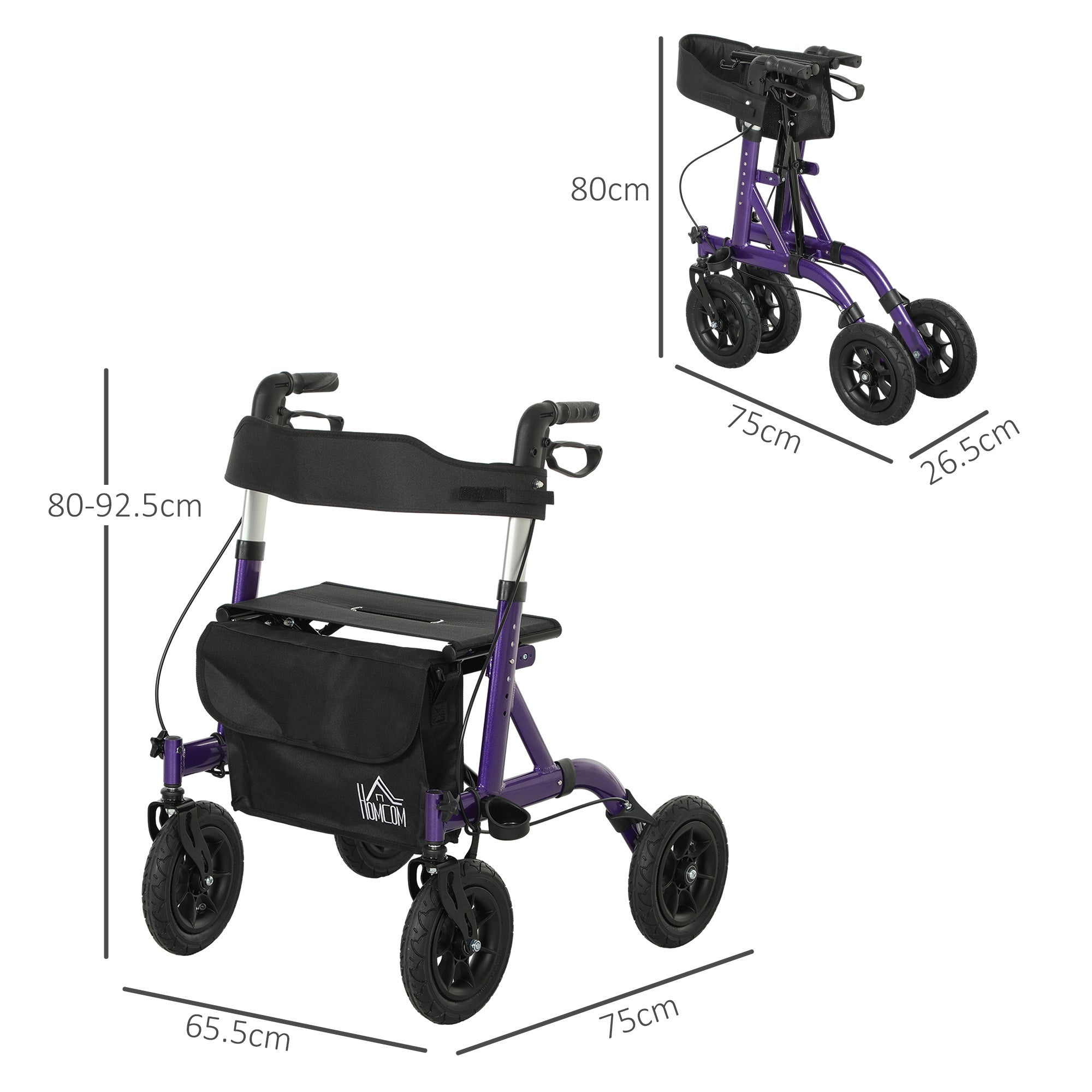 HOMCOM Folding Rollator Walker with Seat, Backrest, Lightweight Walking Frame with Storage Bag, Dual Brakes, All-terrain Wheels, Adjustable Handle Height, 4 Wheeled Walker for Seniors, Purple - North Peak Garden Furniture