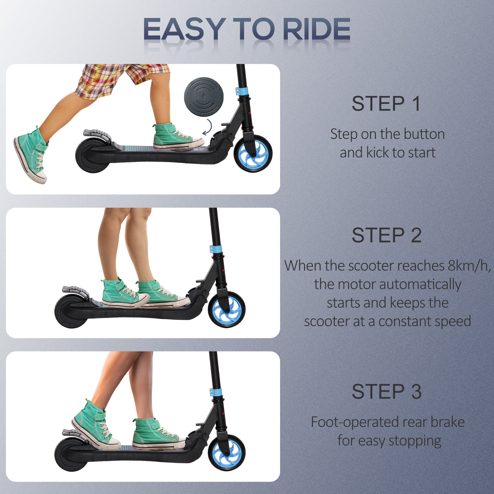 HOMCOM Folding Electric Scooter with Brake, for Ages 6+ Years, 8km/h Maximum Speed, Blue - North Peak Garden Furniture