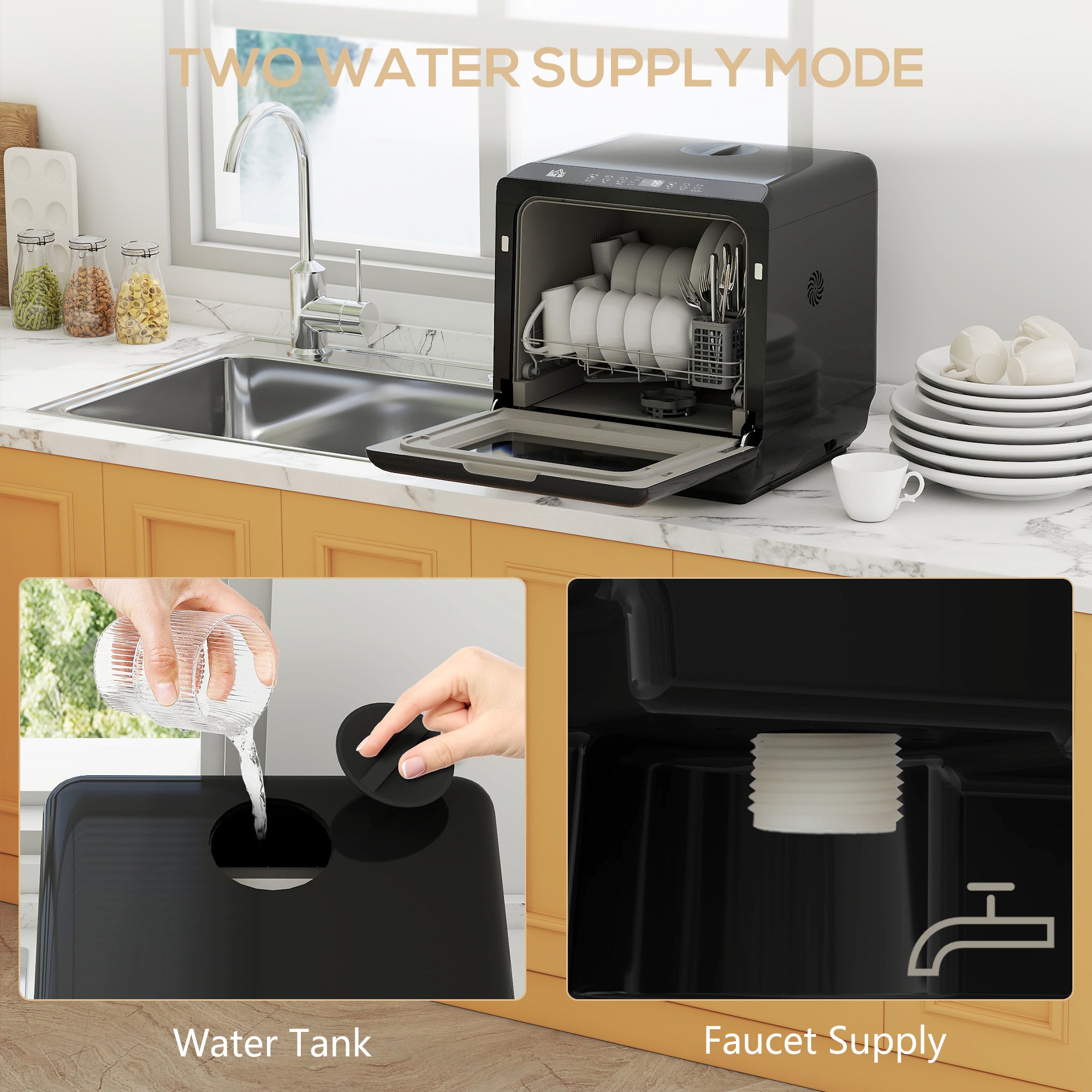 HOMCOM Table Top Dishwasher, Mini Countertop Dishwasher with Built-in 6L Water Tank, 6 Programs, Touch Control, LED Display, 4 Place Settings, Dual Water Supply and Air Drying Function, White