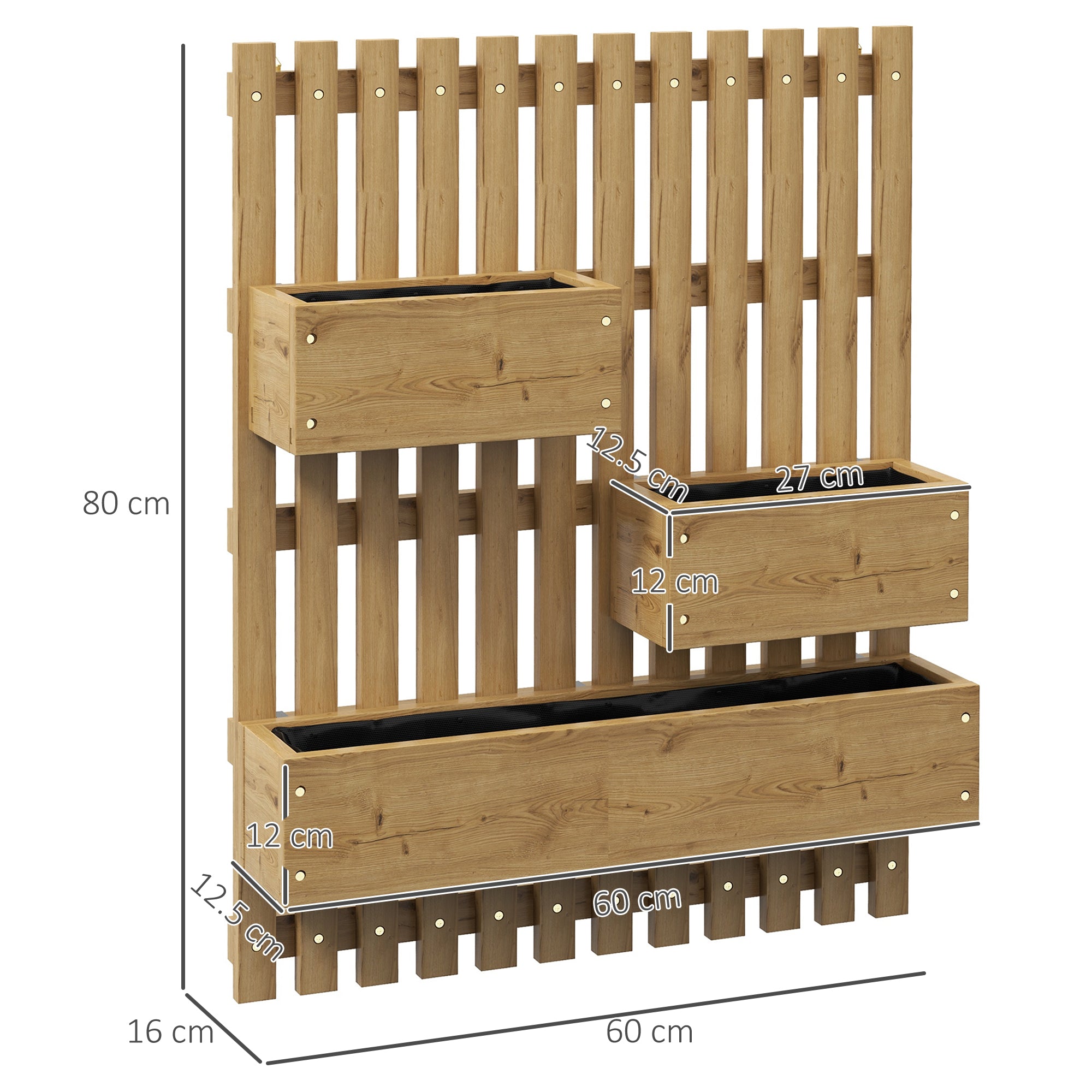 Outsunny Wall-mounted Wooden Garden Planters with Trellis, Drainage Holes and 3 Planter Boxes for Patio, Carbonised