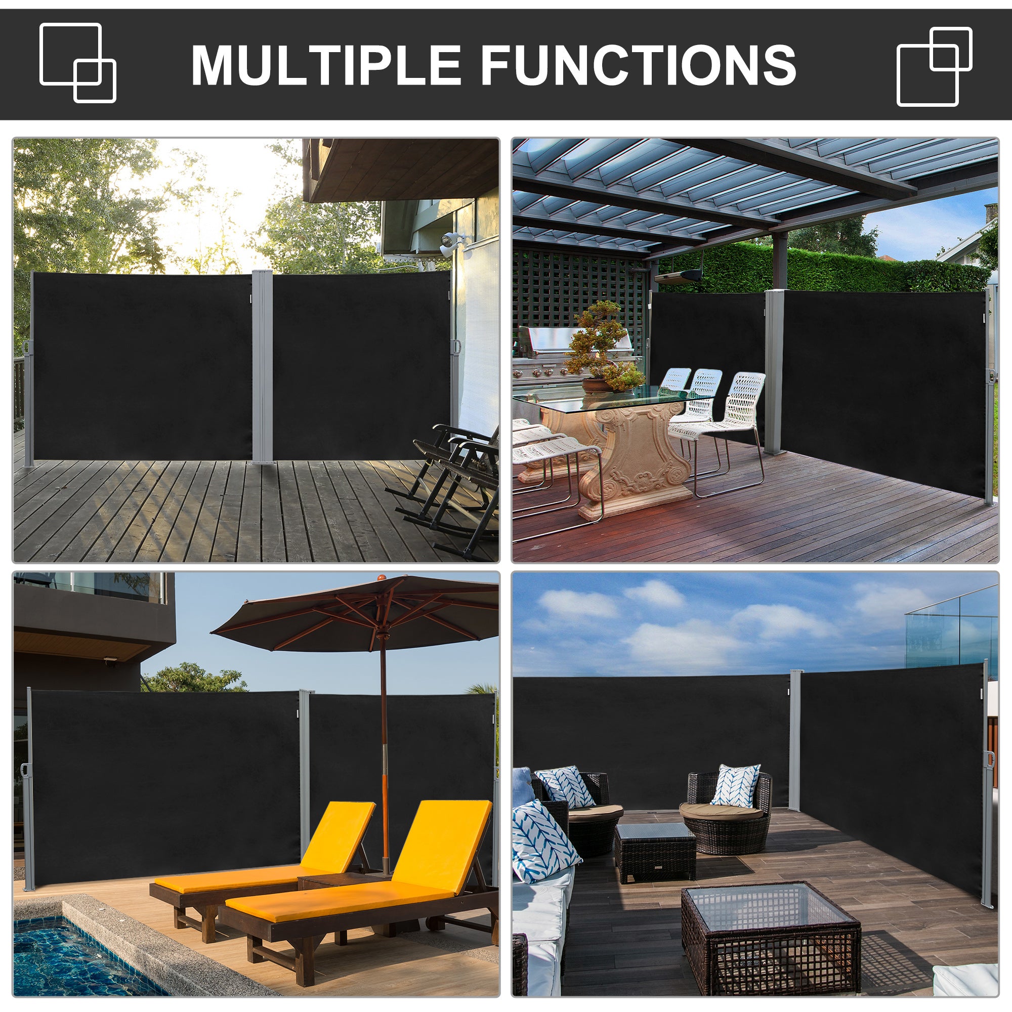 Outsunny Retractable Sun Side Awning Screen Fence Patio Garden Wall Balcony Screening Panel Outdoor Blind Privacy Divider (3x1.8M, Black) - North Peak Garden Furniture
