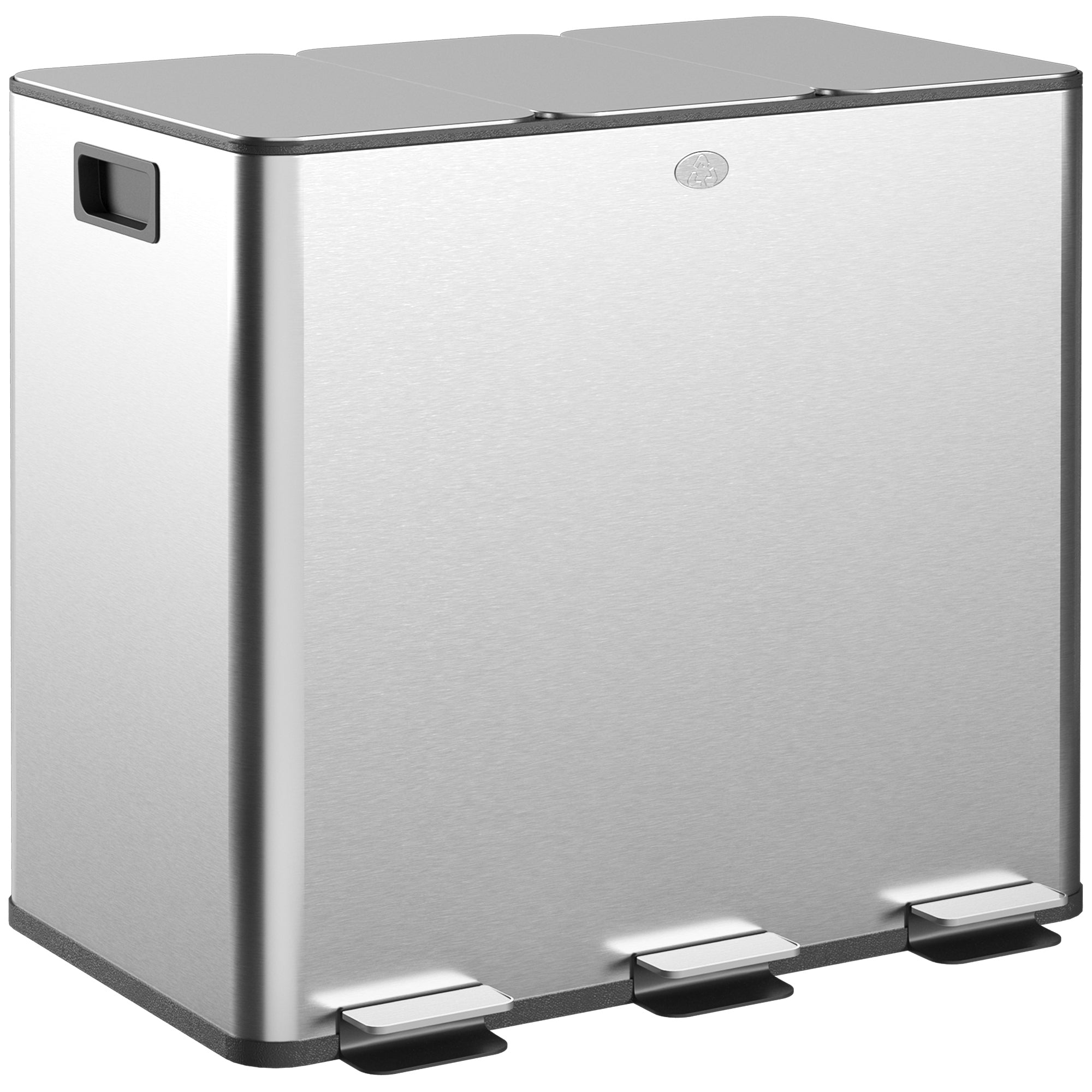 HOMCOM 3 x 15L Pedal Bin, Steel Triple Kitchen Bin with Soft Close Lid, Removable Inner Buckets, Fingerprint-Proof, Silver - North Peak Garden Furniture