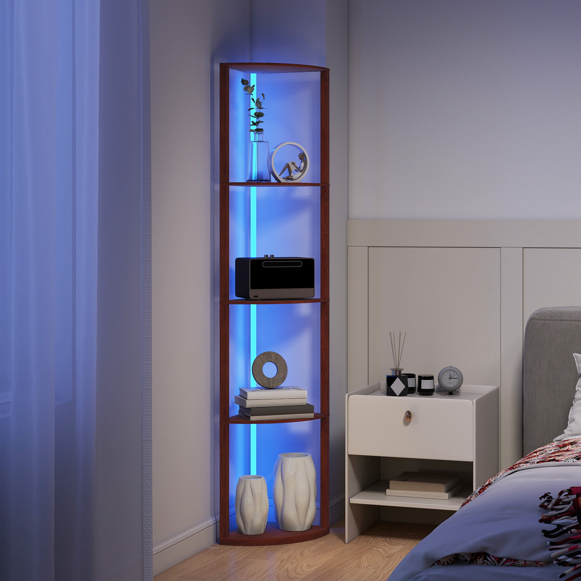 HOMCOM RGB LED Floor Lamp with Shelves, 5-Tier Dimmable Standing Lamp with Adjustable Brightness and Remote Control, Modern Corner Display Shelf Unit for Living Room Bedroom Office, Brown