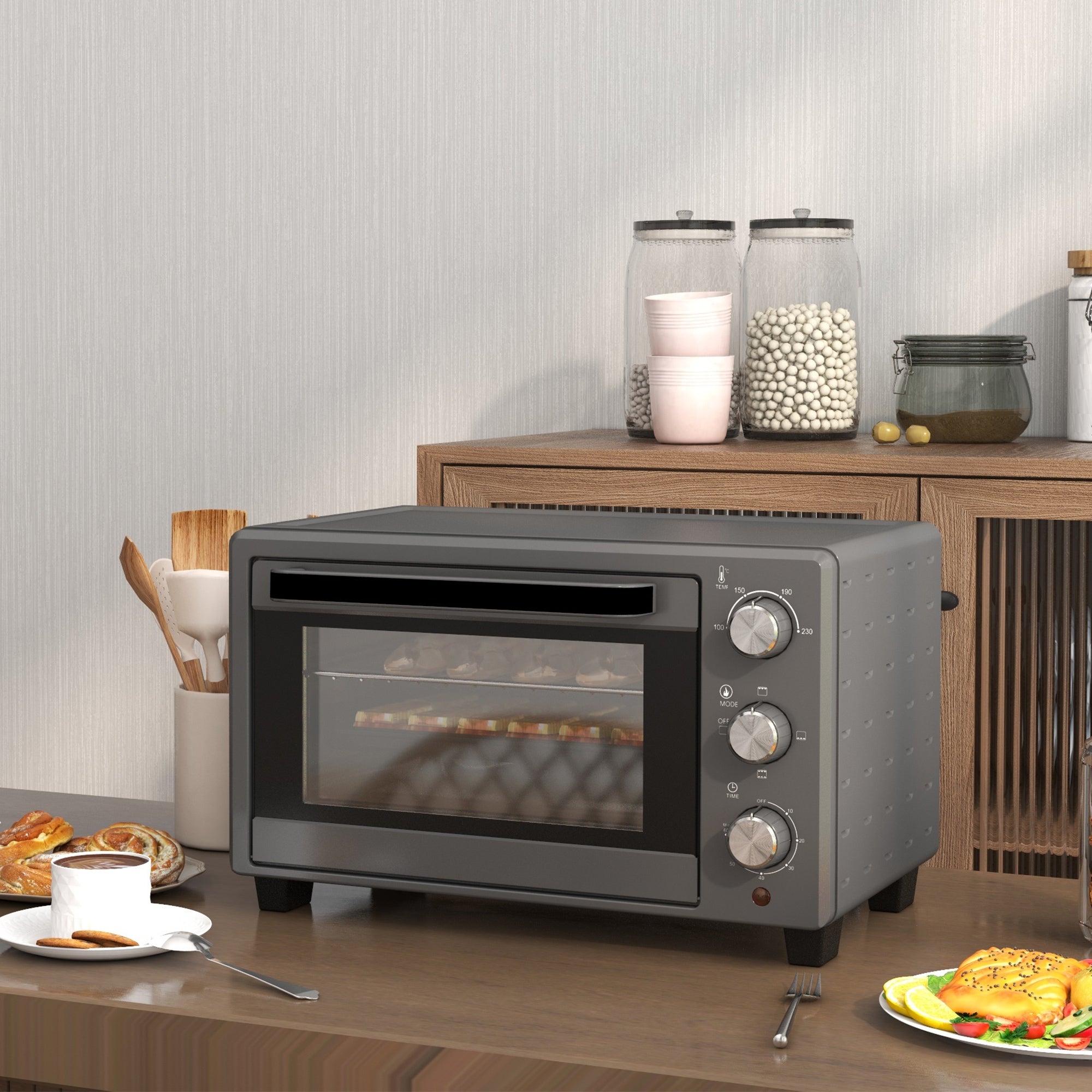 HOMCOM Mini Oven, 21L Countertop Electric Grill, Toaster Oven with Adjustable Temperature, Timer, Baking Tray and Wire Rack, 1400W, Grey - North Peak Garden Furniture