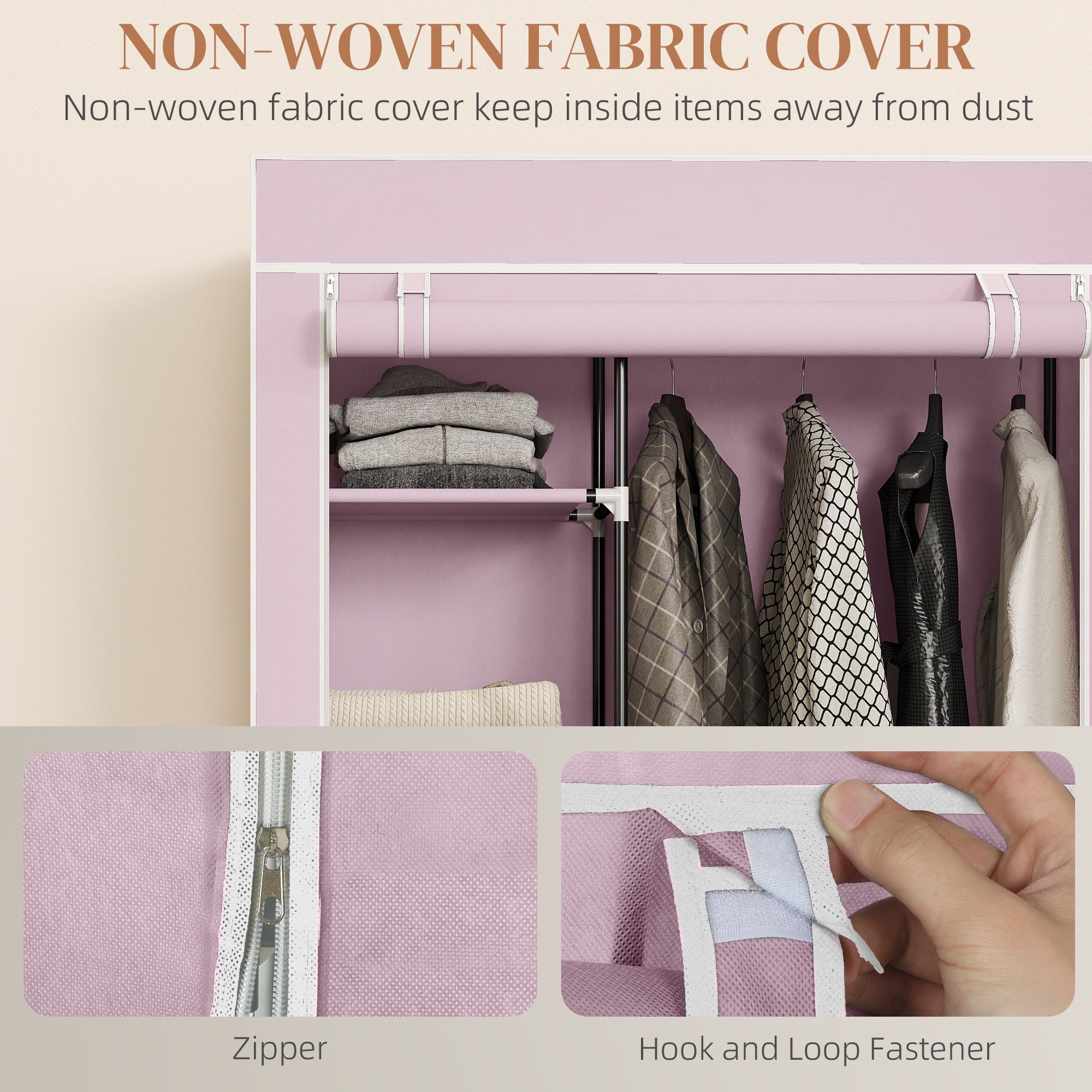 HOMCOM Fabric Wardrobe w/ Shelves Hanging Rail Foldable Wardrobe Pink
